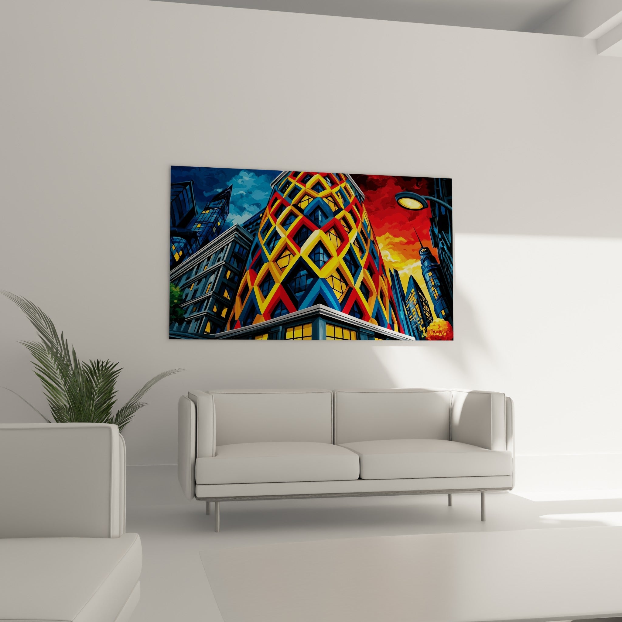 Immeuble aux motifs colorés rouge et jaune, tableau architecture abstraite au-dessus d'un canapé dans un salon lumineux