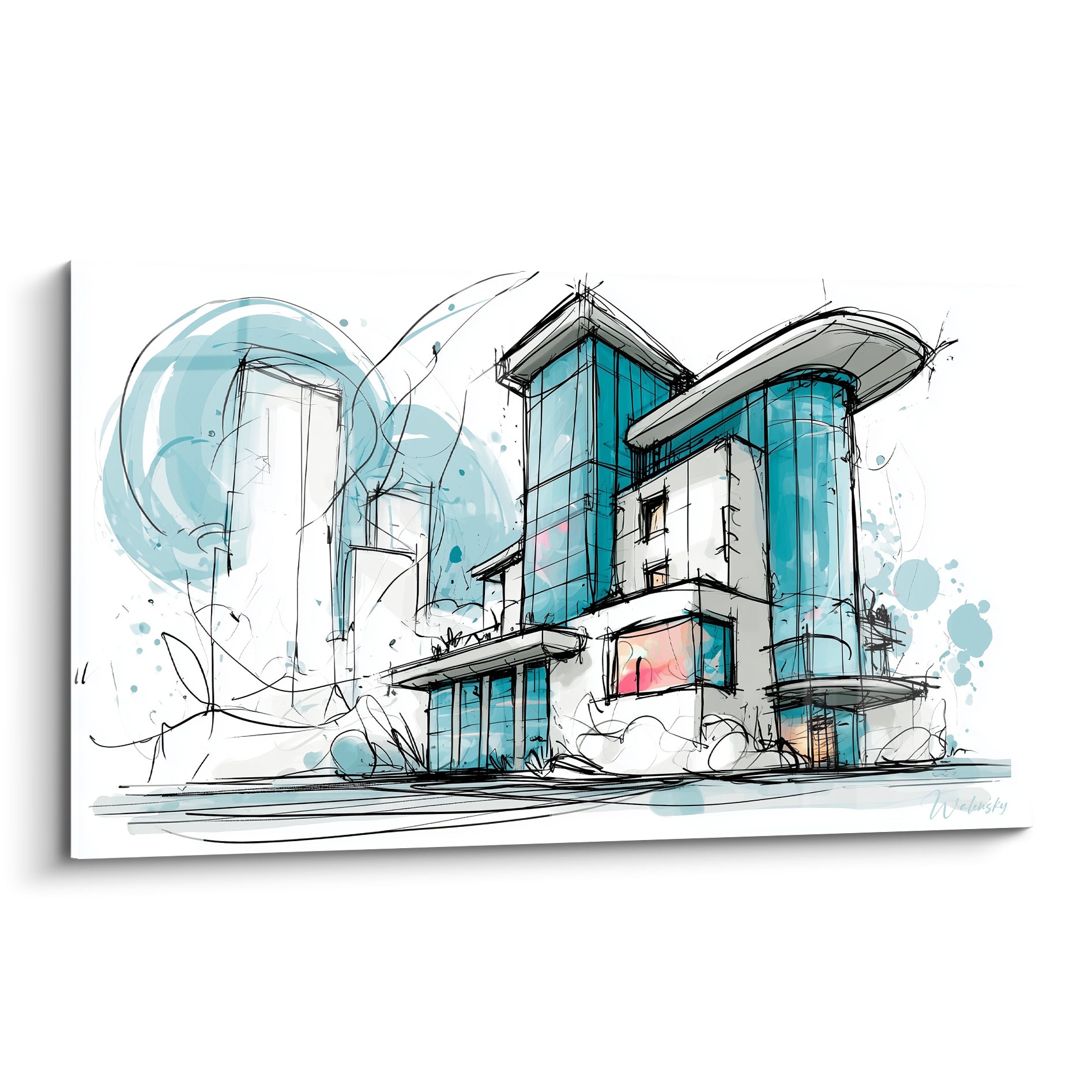 Immeuble esquissé bleu turquoise et blanc, tours cylindriques et trait noir architectural