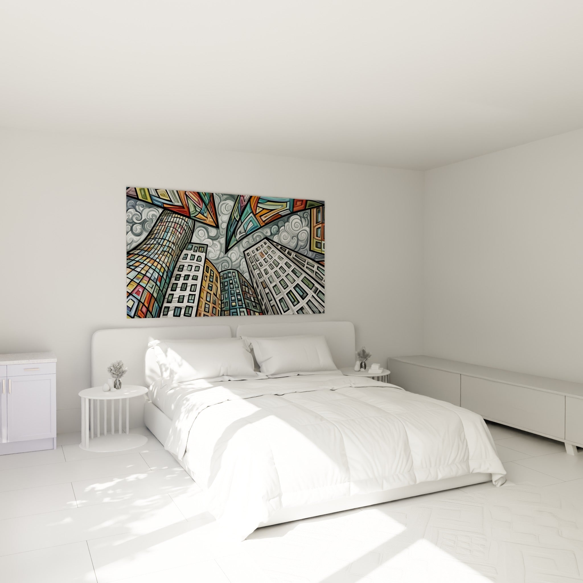 Immeubles ocre et anthracite vus d'en bas, tableau architecture abstraite au-dessus d'un lit dans une chambre claire
