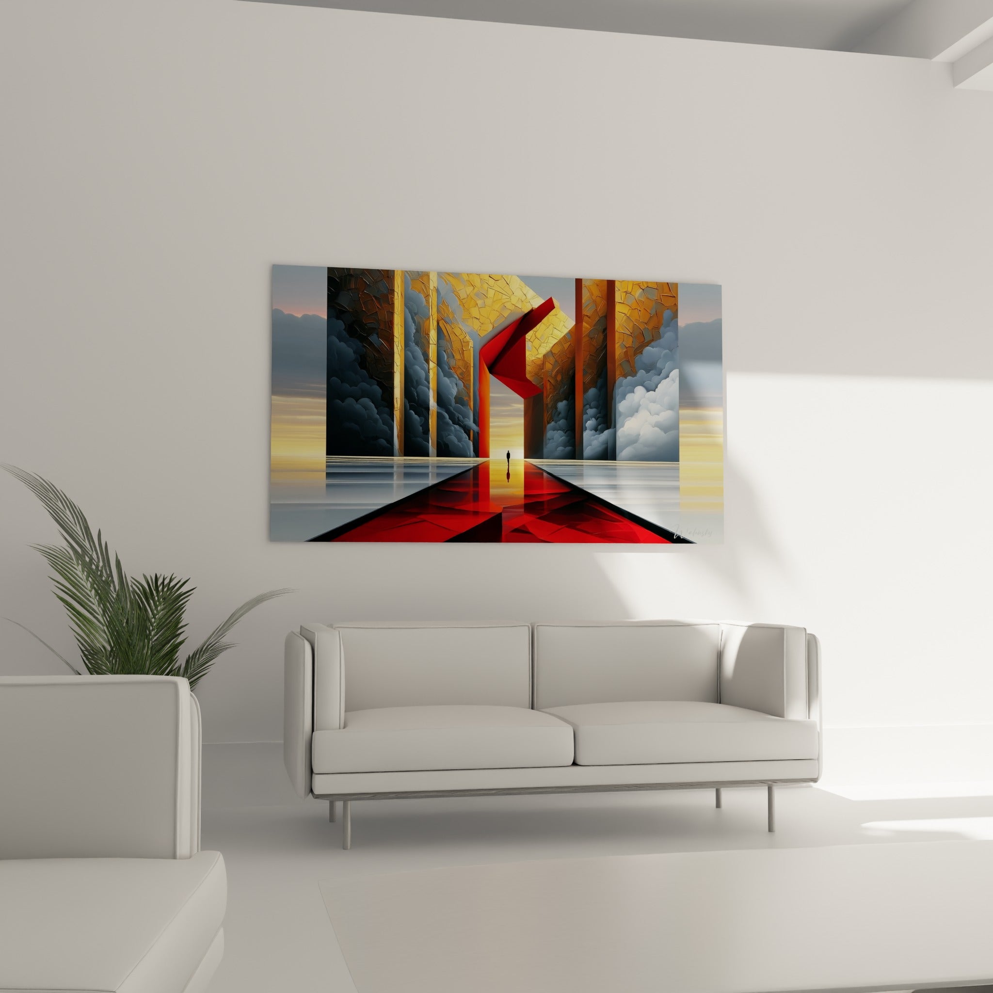 Colonnes dorées et chemin cramoisi au-dessus d'un canapé dans un salon lumineux, tableau architecture abstraite
