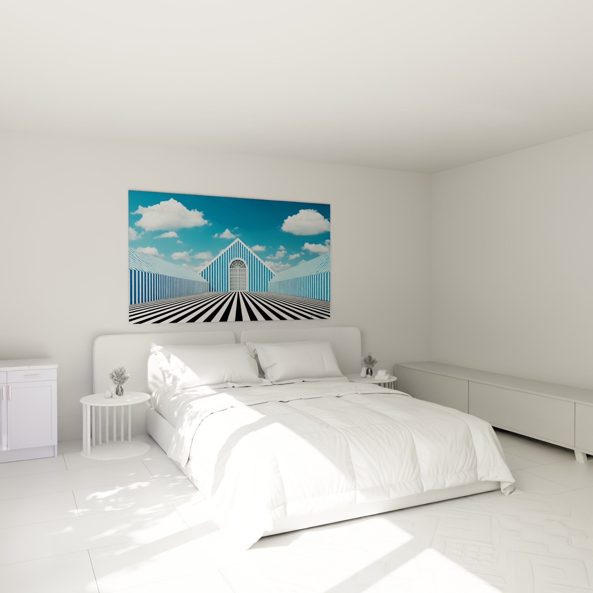 Perspective architecturale bleu et blanc au-dessus d'un lit dans une chambre claire