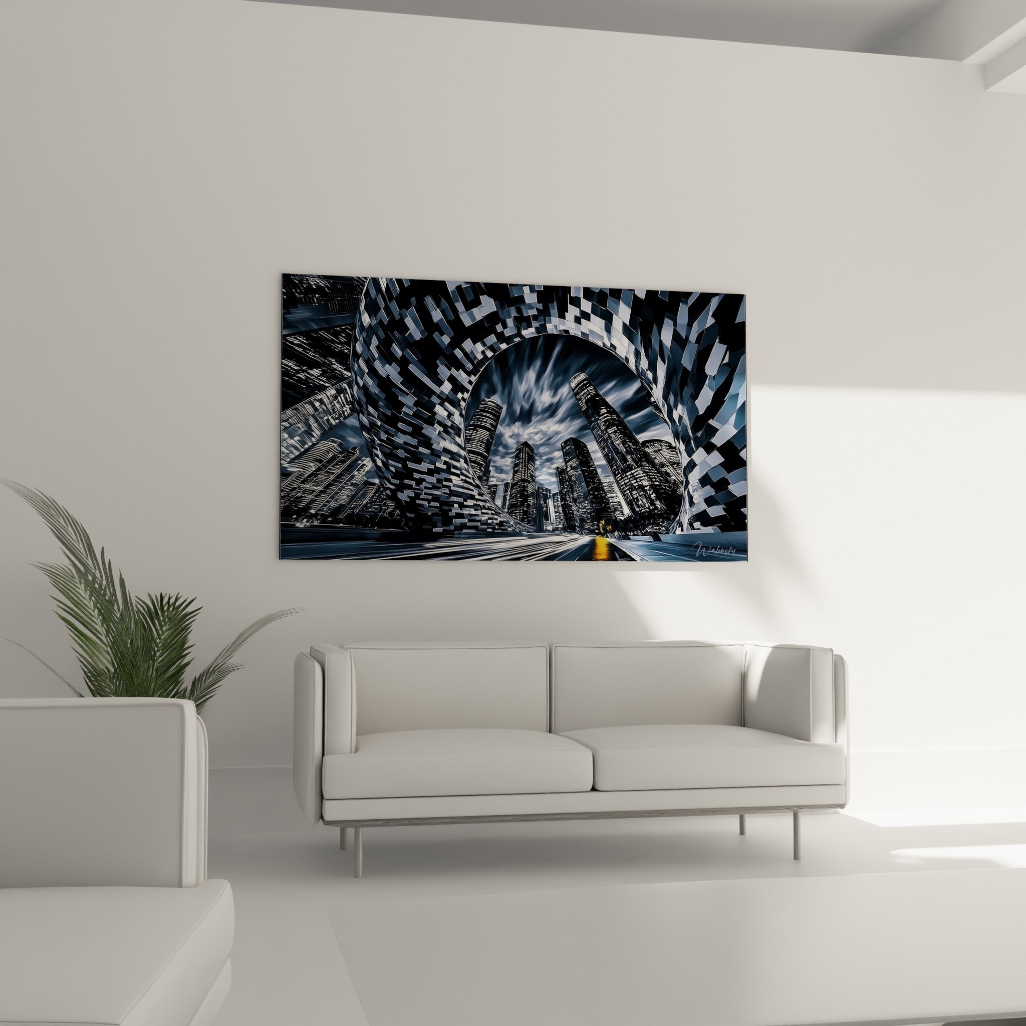Perspective urbaine bleu marine et orange, ce tableau surplombe un canapé dans un salon lumineux