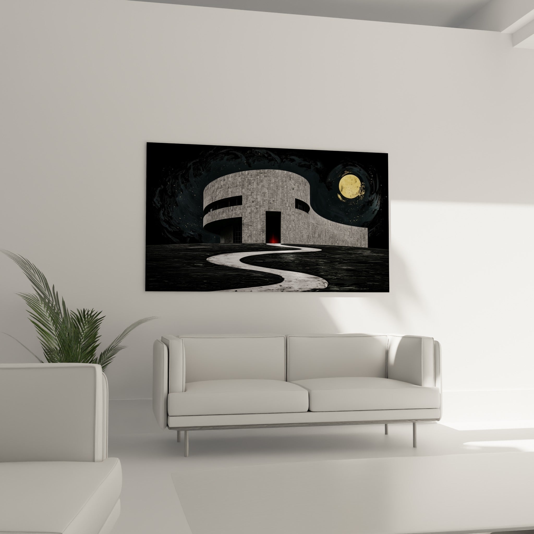 Lune dorée et façade de pierre grise dominant une scène nocturne au-dessus d'un canapé dans un salon lumineux