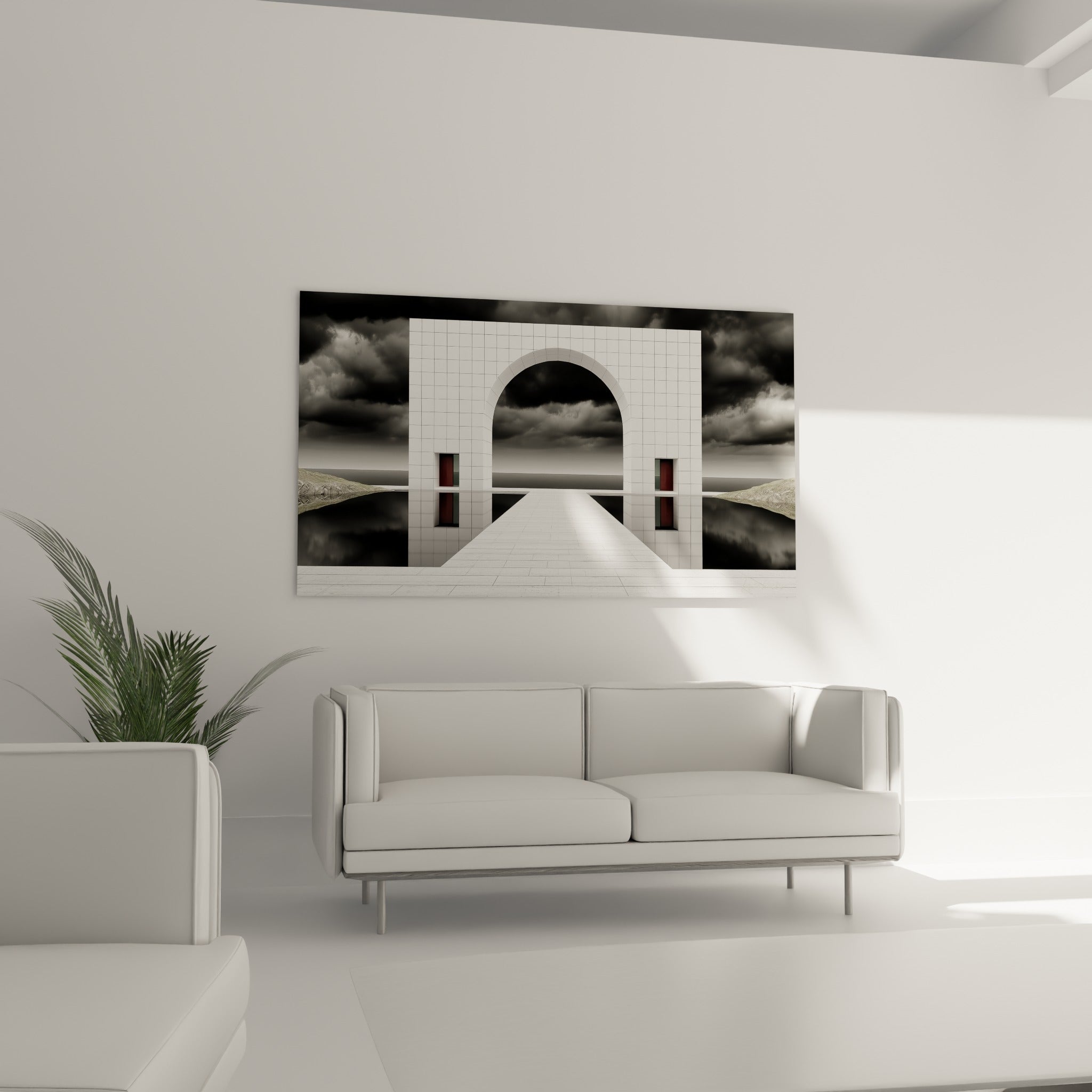 Passage architecture abstraite gris et blanc, reflet d'eau, au-dessus d'un canapé dans un salon lumineux