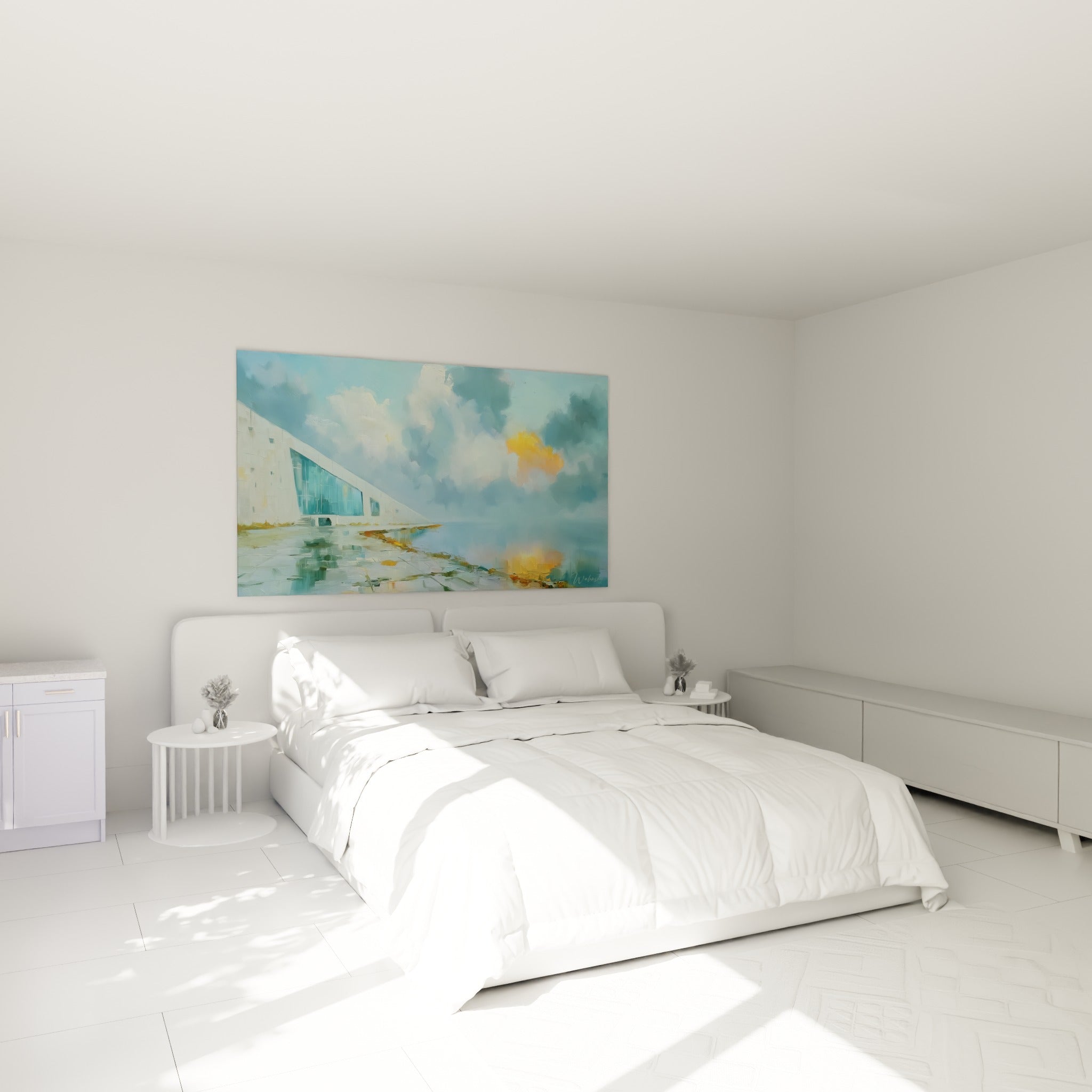 Architecture aquarelle bleu marine et blanche au-dessus d'un lit dans une chambre claire