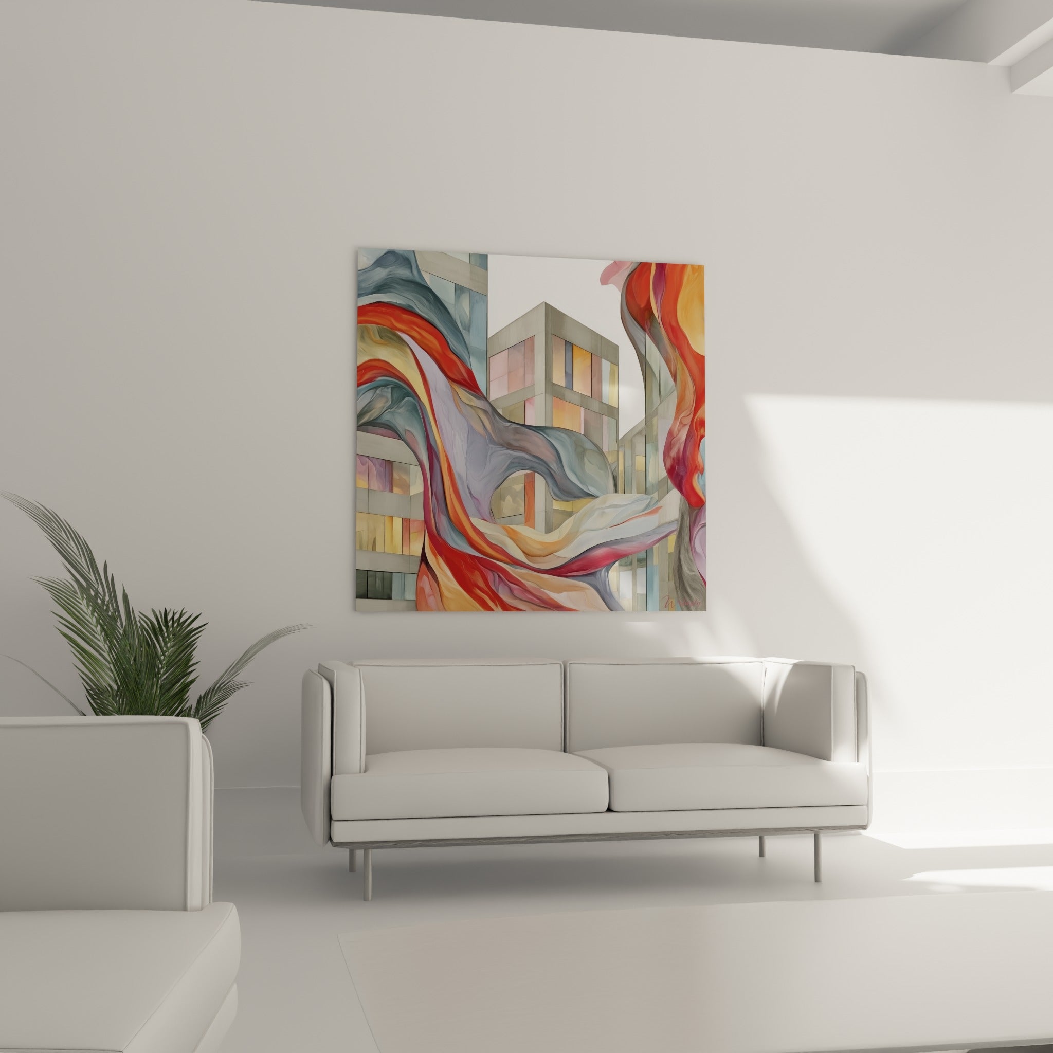Rubans ondulants terracotta et bleu ardoise sur immeubles vitrés, tableau au-dessus d'un canapé dans un salon lumineux