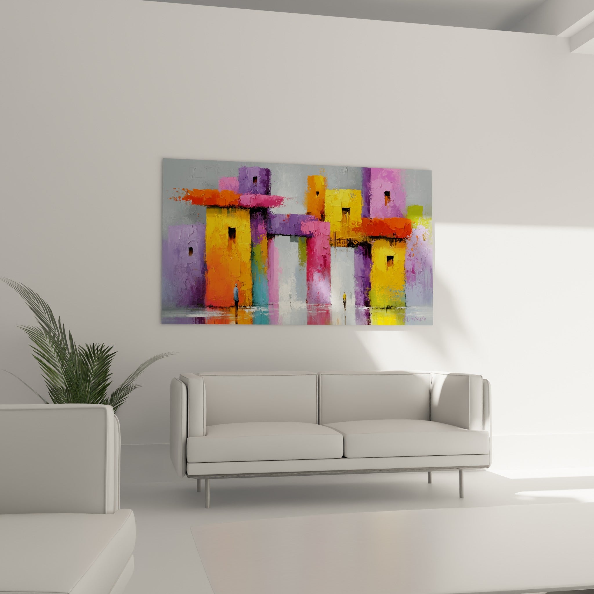 Rue abstraite aux tons orange et gris avec reflets au sol, au-dessus d'un canapé dans un salon lumineux