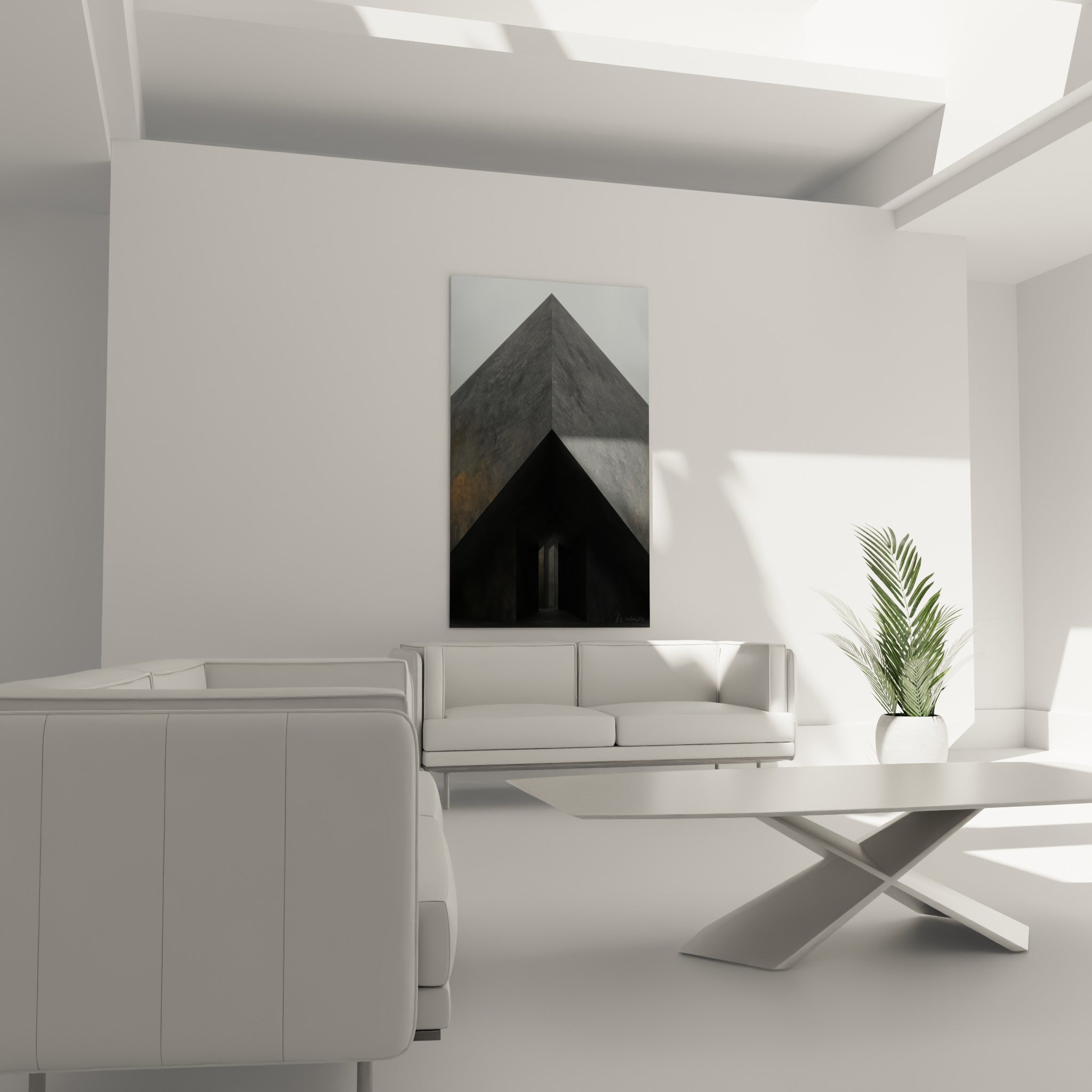 Formes triangulaires sombres de ce tableau architecture abstraite au-dessus d'un canapé dans un salon lumineux