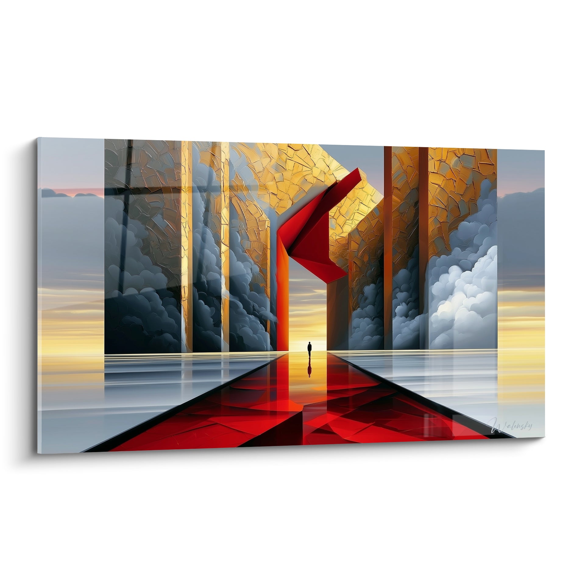 Silhouette solitaire sur chemin rouge et doré, colonnes anthracite, tableau architecture abstraite