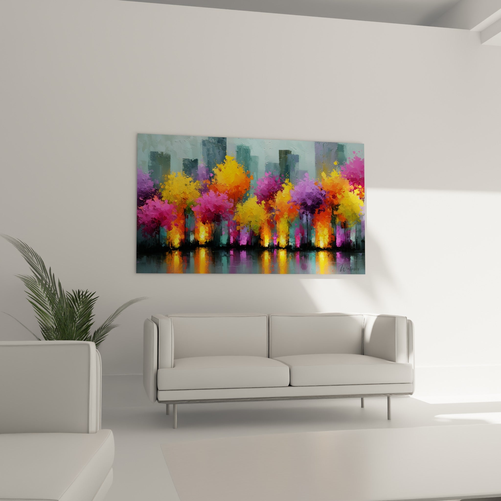 Silhouettes végétales orange et pourpre contrastant avec des tours anthracite, au-dessus d'un canapé dans un salon lumineux