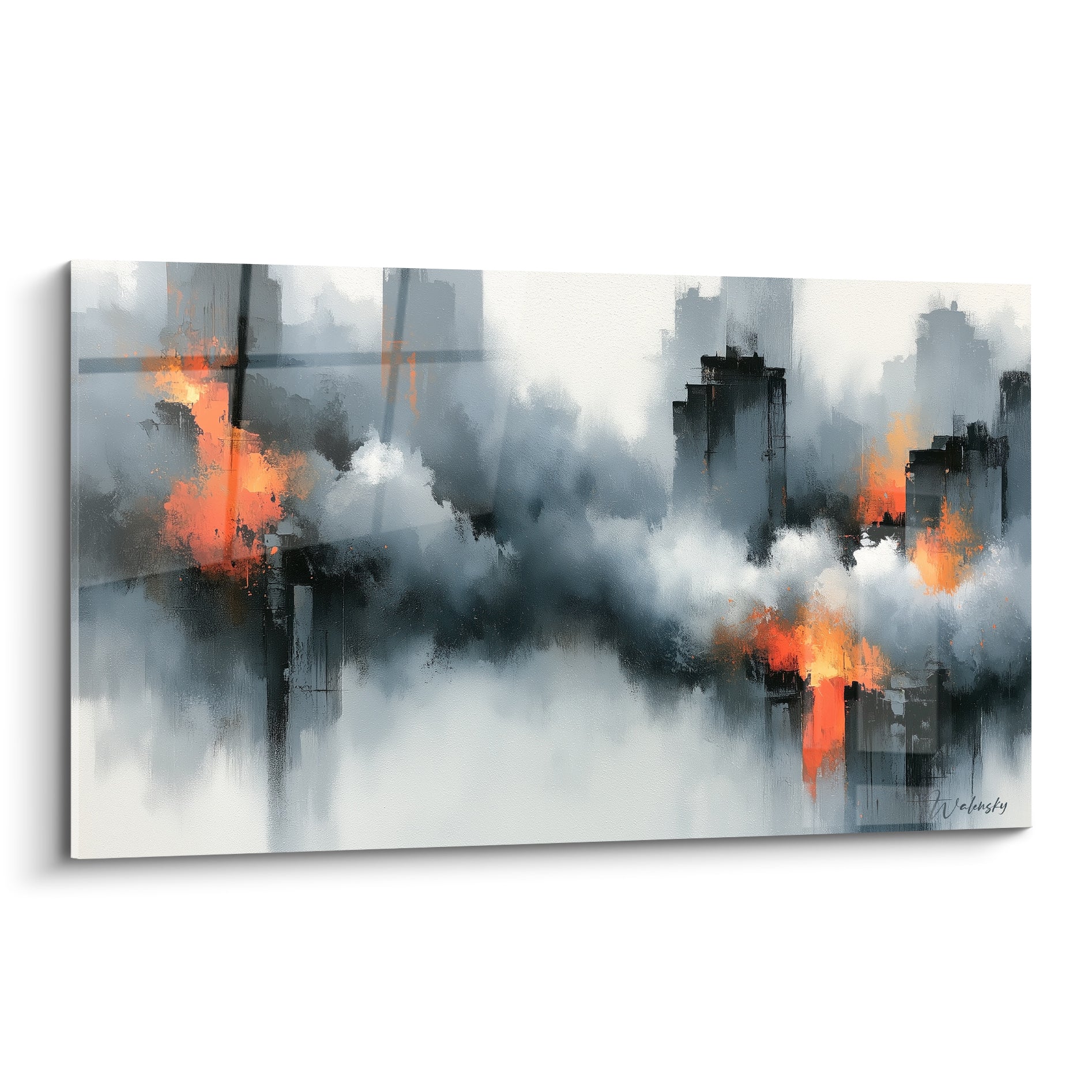 Skyline anthracite et orangée aux tours fantômes, fumée dense et embrasements dans une architecture abstraite