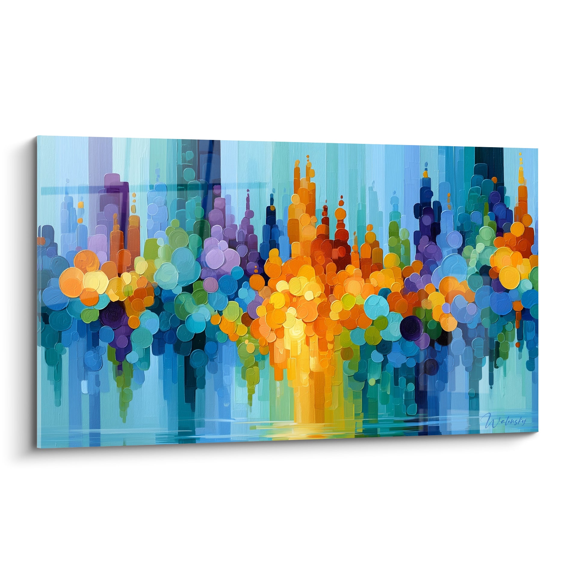 Skyline en pastilles bleu turquoise et orange doré, technique picturale texturée façon architecture abstraite