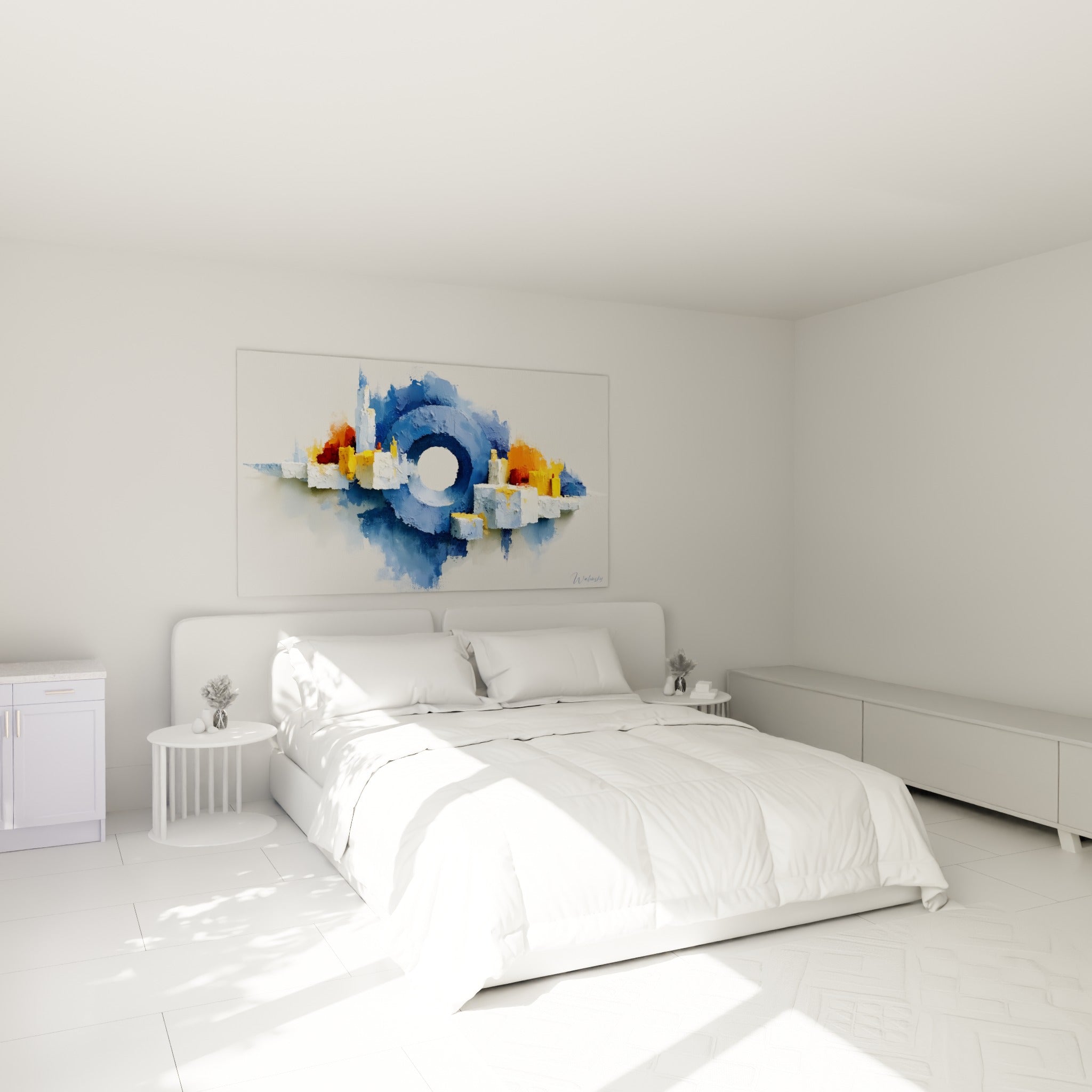 Ville abstraite bleu marine et blanc crayeux, tableau architecture abstraite au-dessus d'un lit dans une chambre claire