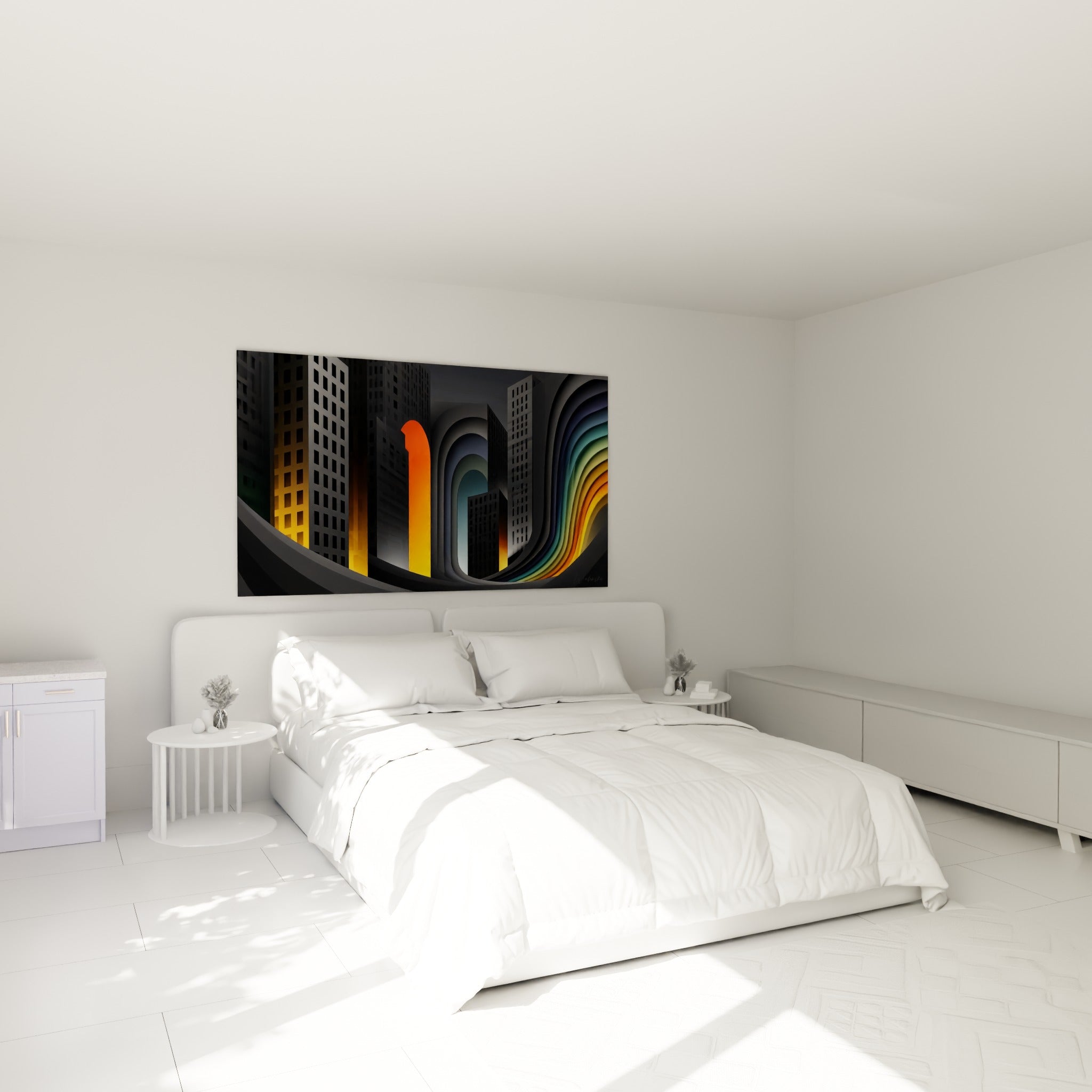Tours urbaines anthracite et orange lumineuses accrochées au-dessus d'un lit dans une chambre claire