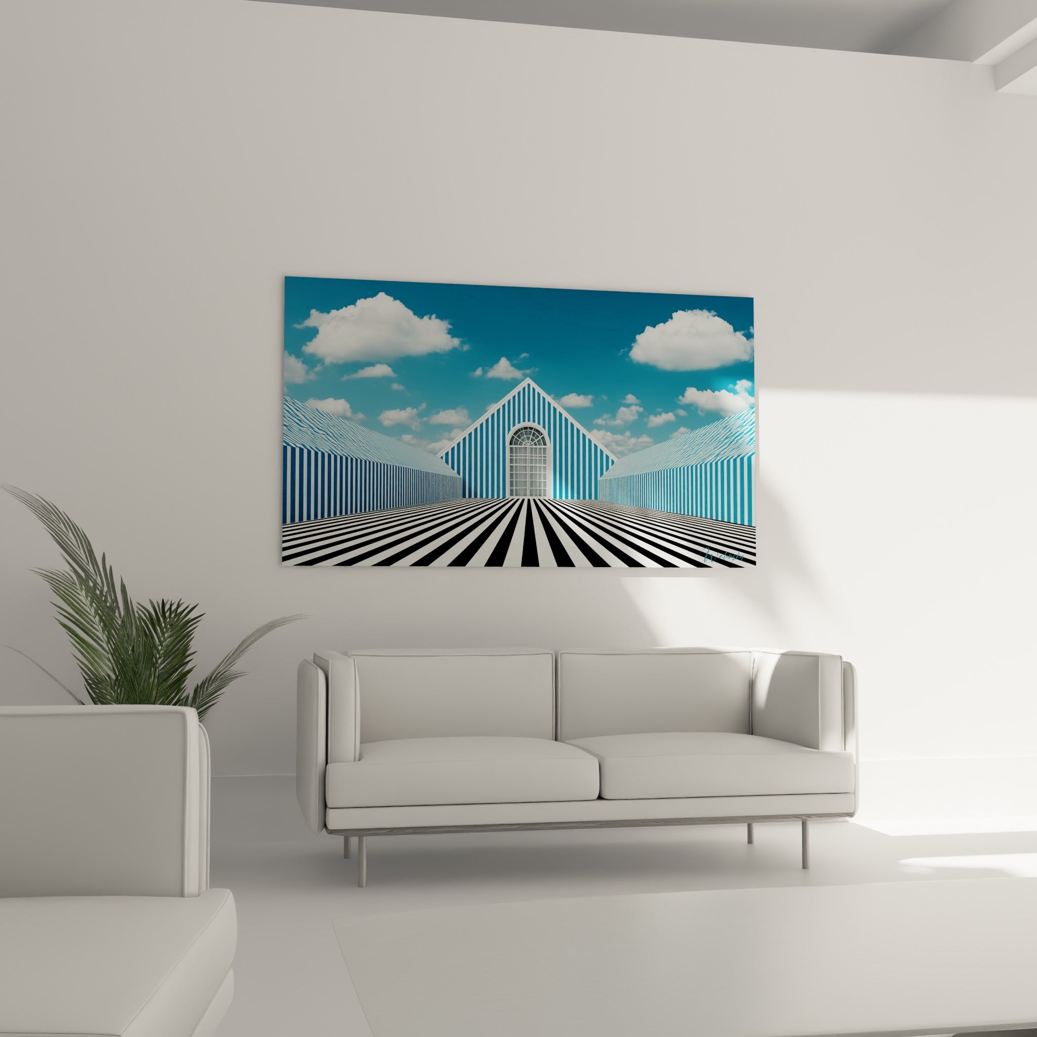 Construction géométrique bleu ciel et blanc au-dessus d'un canapé dans un salon lumineux