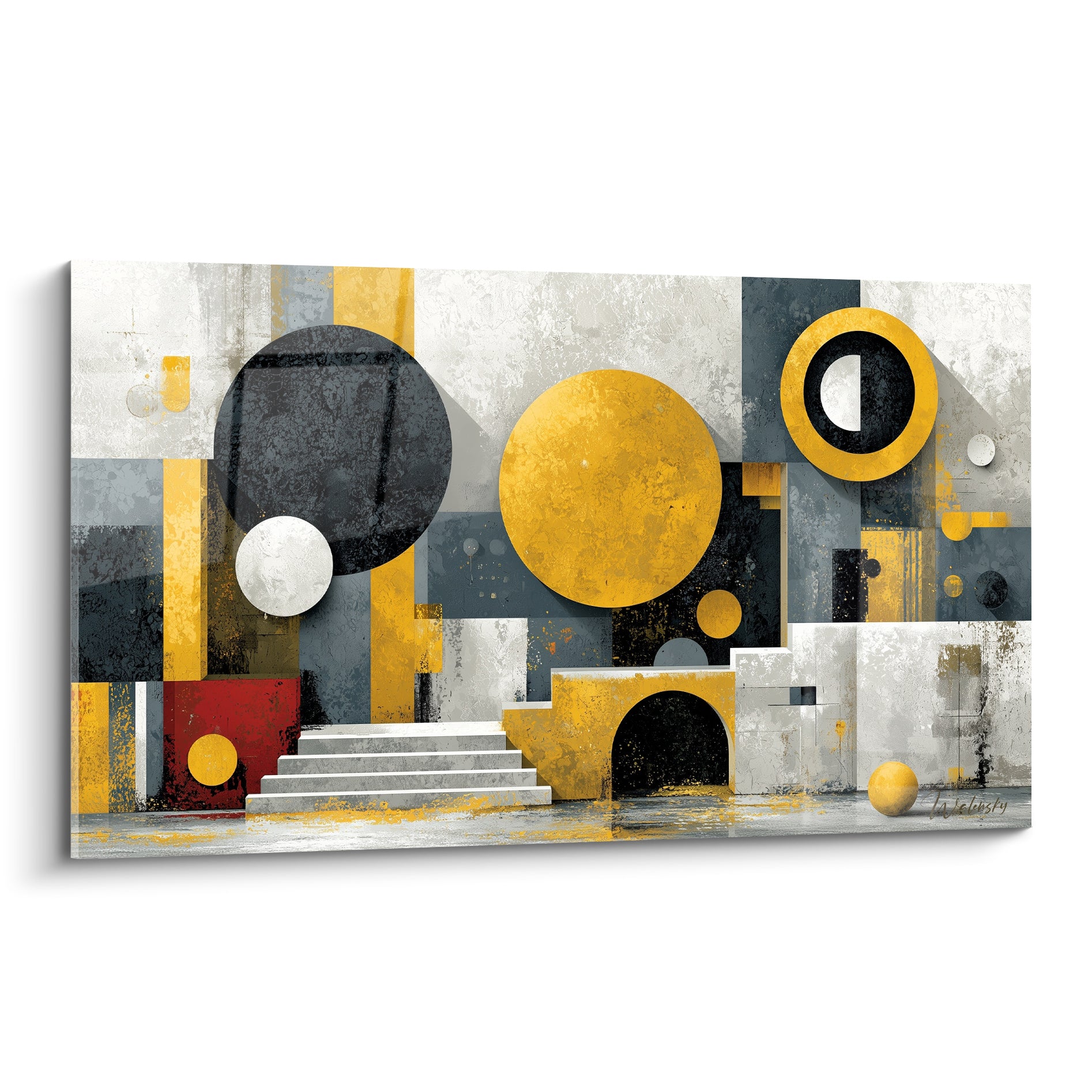 Sphères dorées, anthracite et blanches d'un tableau architecture abstrait à effet sculpté