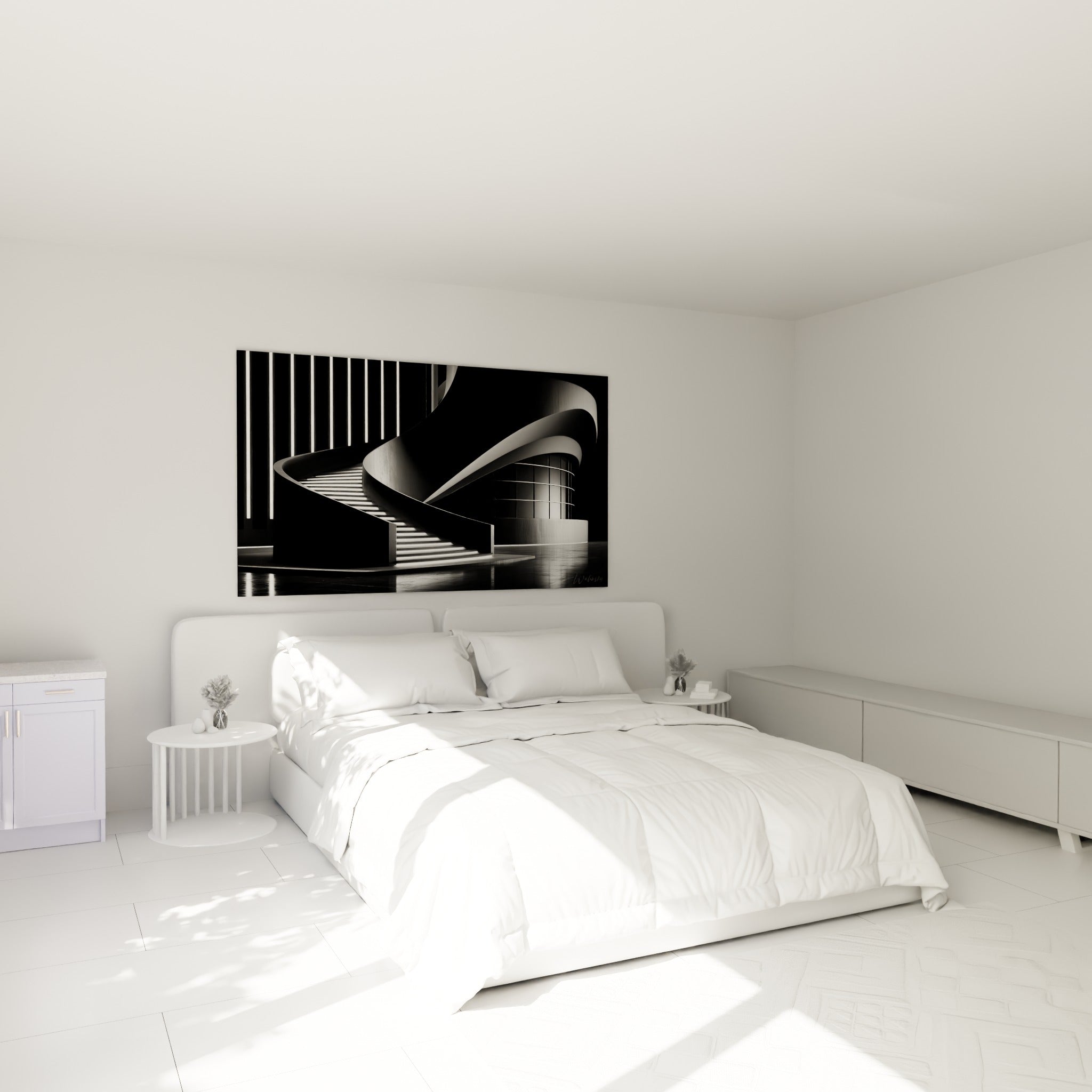 Spirale architecturale noire et blanche au-dessus d'un lit dans une chambre claire
