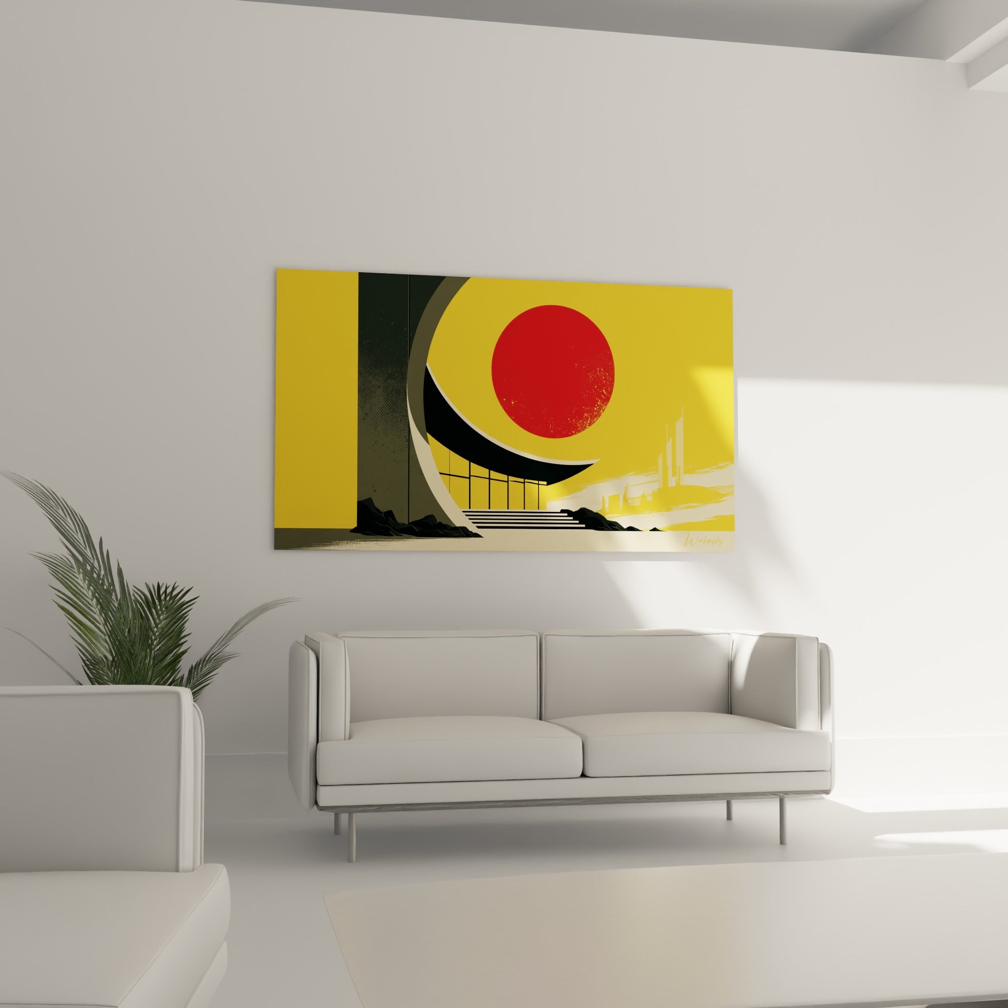 Structure noire et jaune vive, architecture abstraite au-dessus d'un canapé dans un salon lumineux
