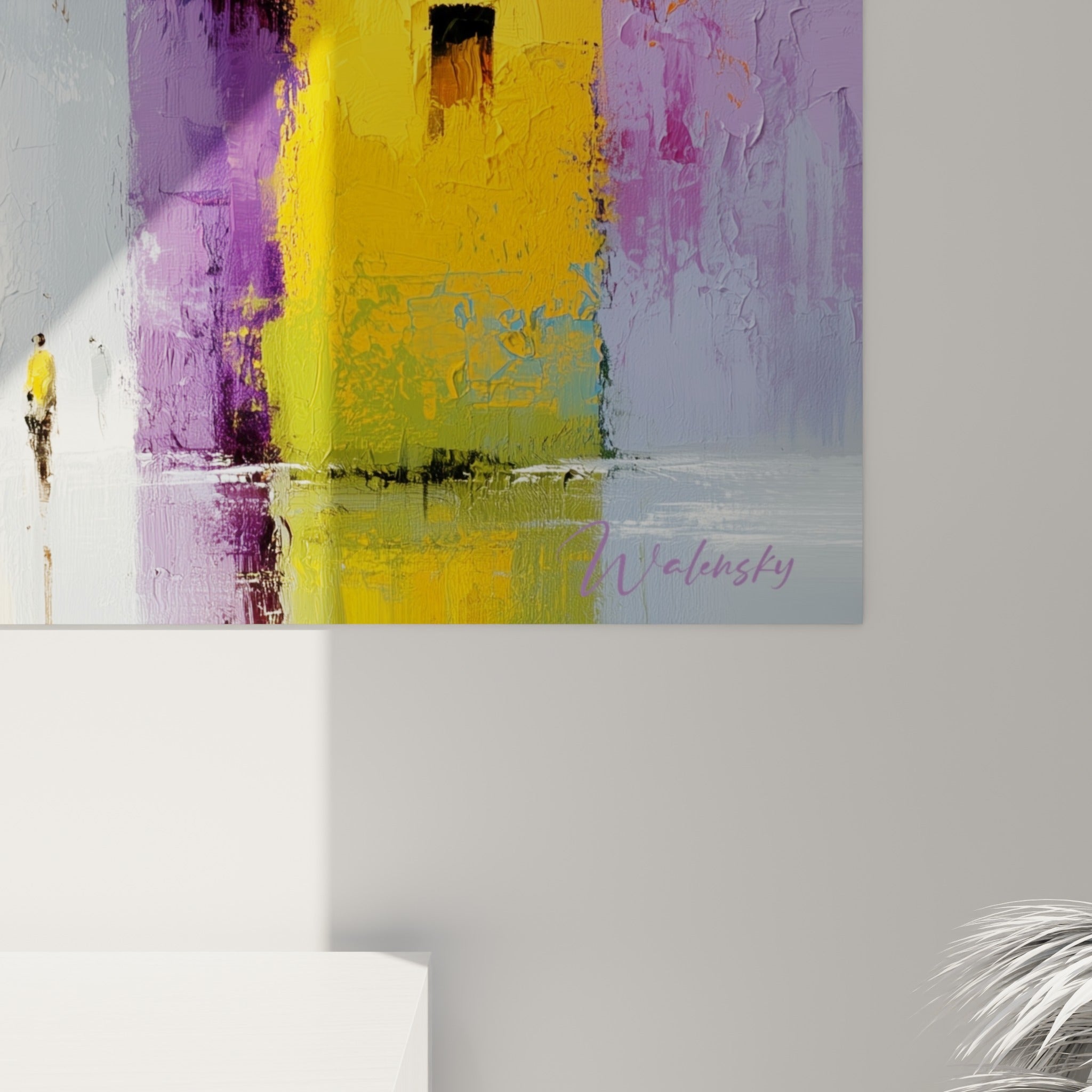 Empâtements épais de peinture orange, violette et dorée révélant le grain et les coulures de matière