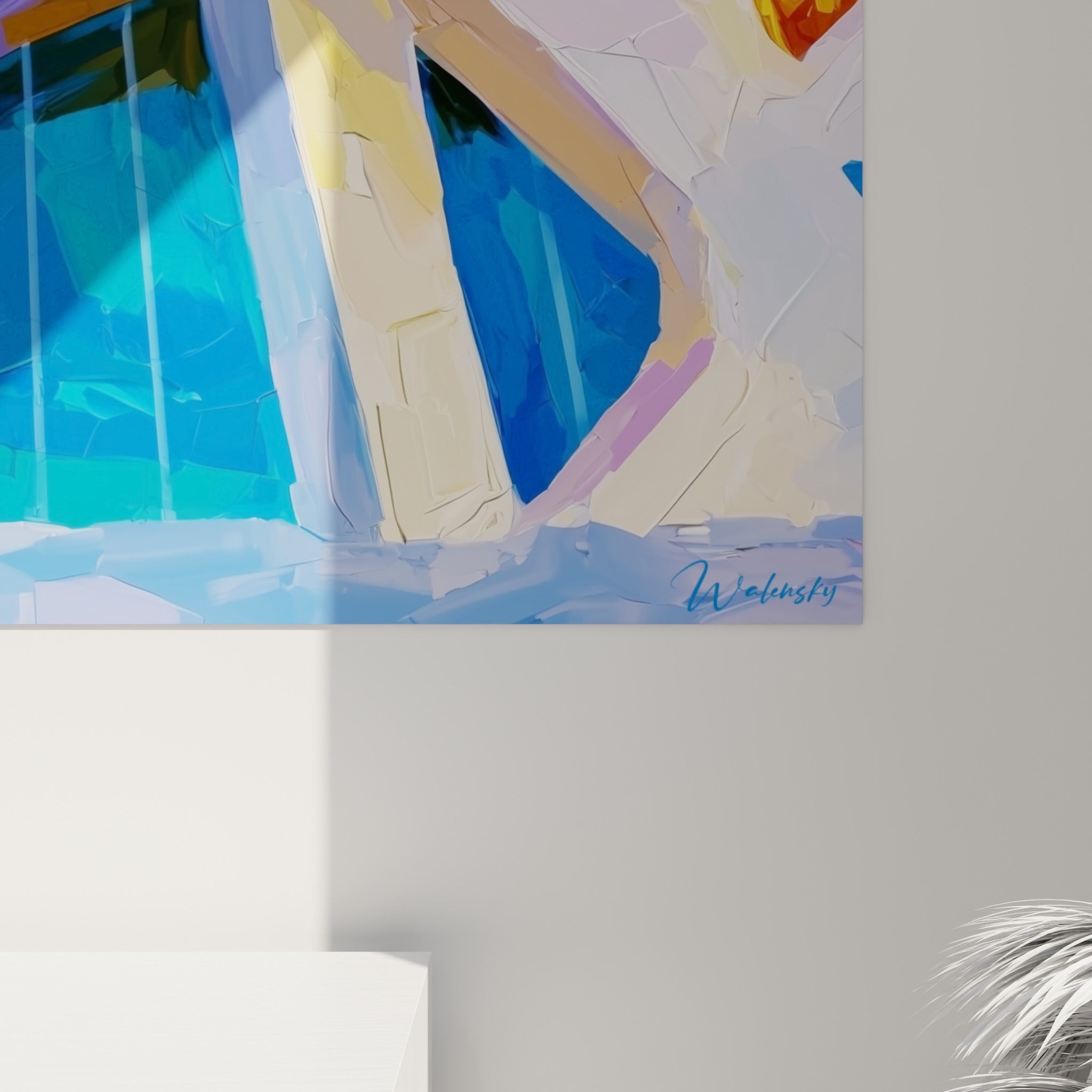 Empâtements épais jaunes et bleu marine, coulures de peinture révélant le grain texturé de la toile