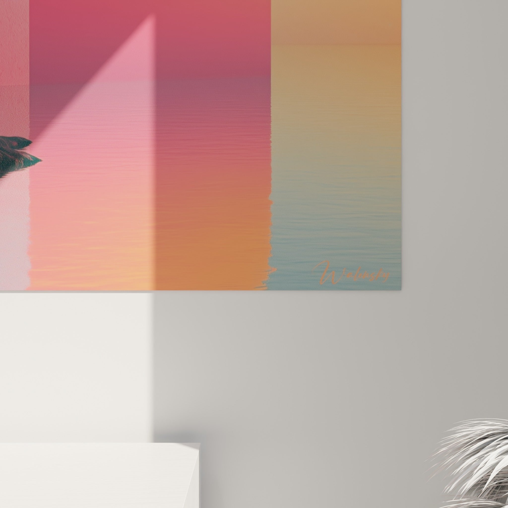 Détail du dégradé pictural orange, rose corail et bleu pastel, grain fin et transitions chromatiques visibles sur la toile
