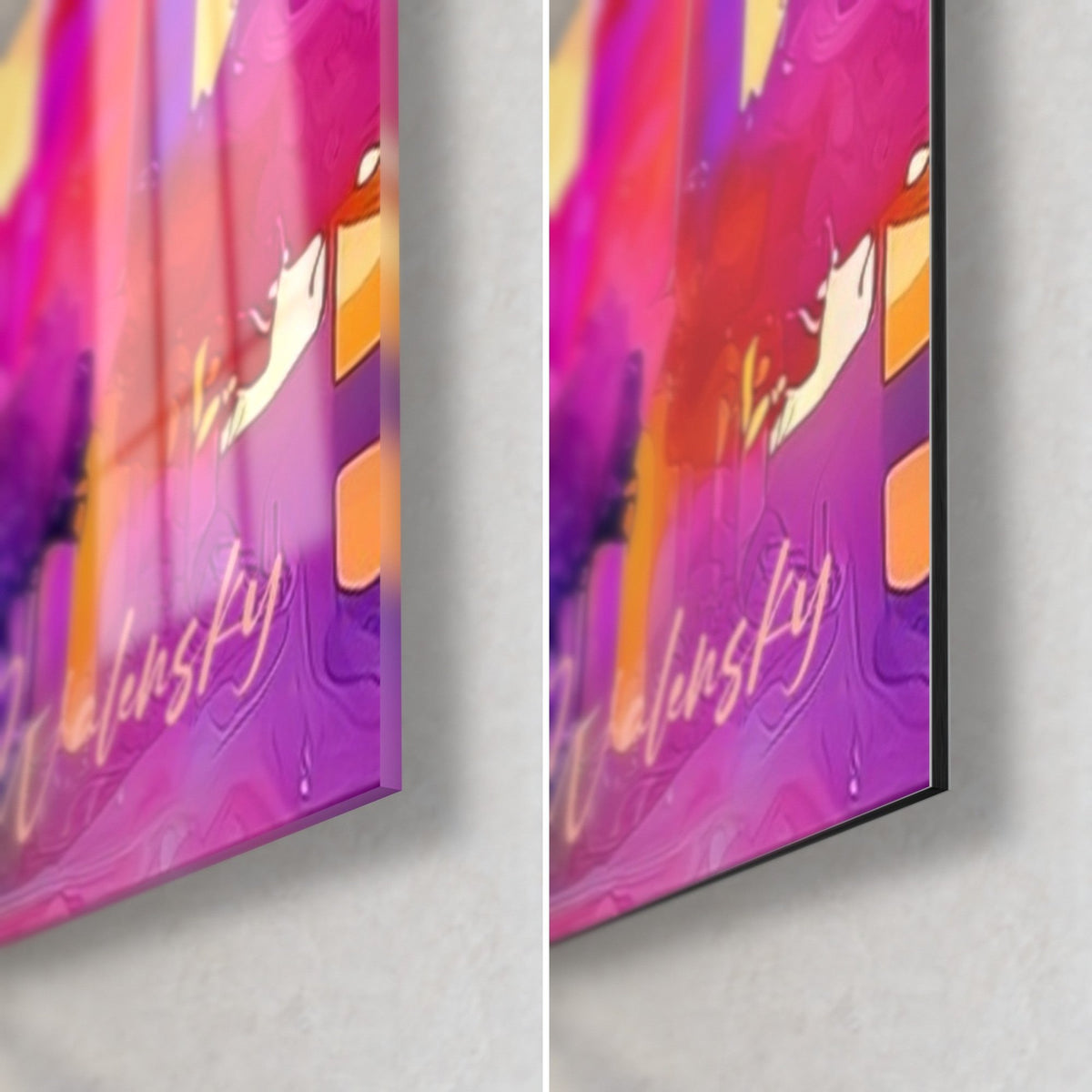 Tableau minarets aquarellés en violet et rose, signature dorée Walensky, coin bas droit en verre brillant et Dibond mat