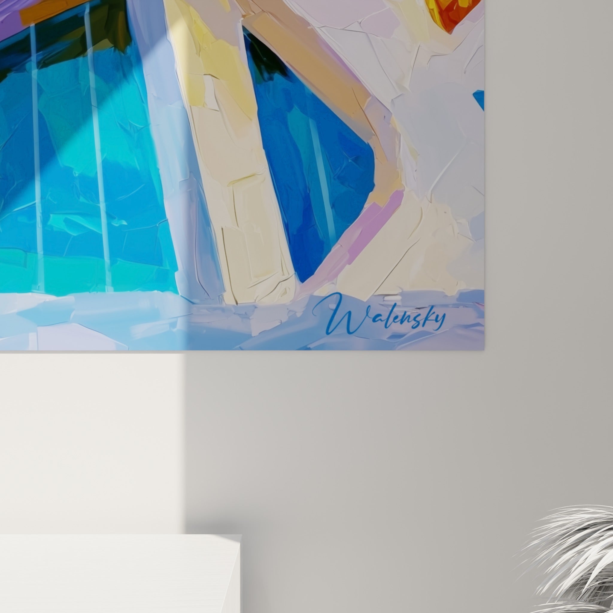 Détail des empâtements bleu marine et jaune ocre, matière épaisse et coulures visibles sur la toile