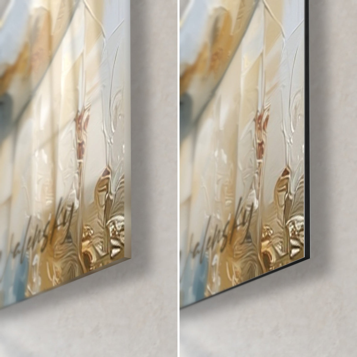 Tableau volutes d'escalier blanc et doré, coin bas droit en verre brillant à gauche, Dibond noir mat à droite, tranche de 3 mm