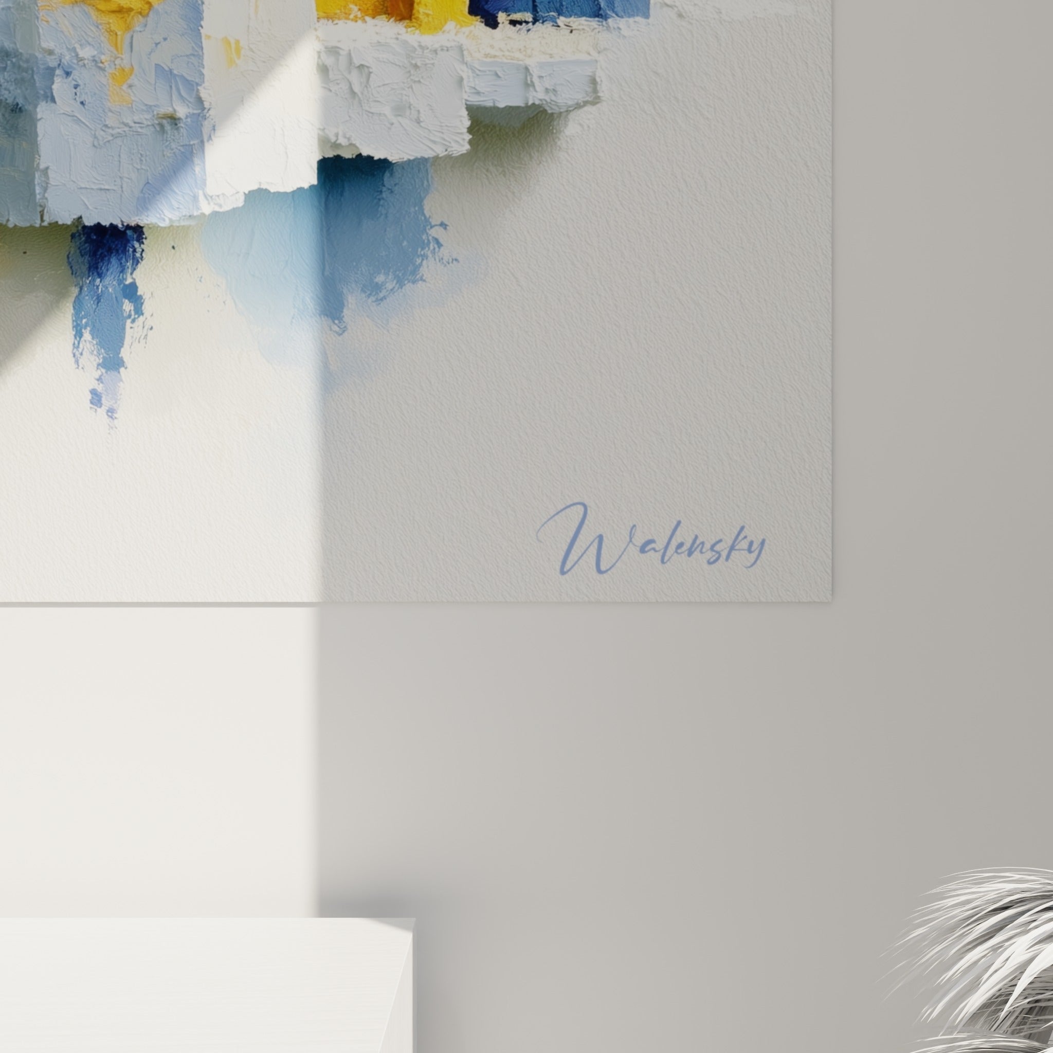 Matière épaisse du bleu marine et de l'ocre qui se touchent, empâtements au couteau visibles en gros plan sur la toile