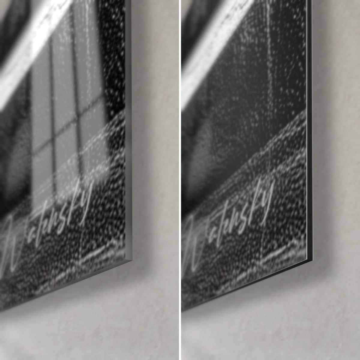 Tableau escalier en zigzags noir et blanc, coin bas droit : verre acrylique brillant aux reflets, alu Dibond mat, tranche de 3 mm