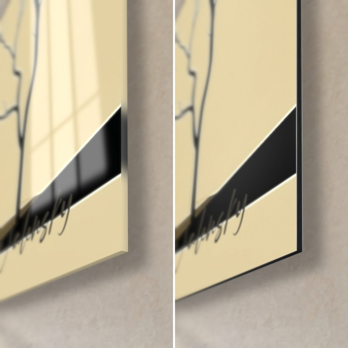 Gemälde winziger schwarzer Mann unter Betonwellen, unten rechts: links glänzendes Glas, rechts mattes Dibond, schwarze Kante