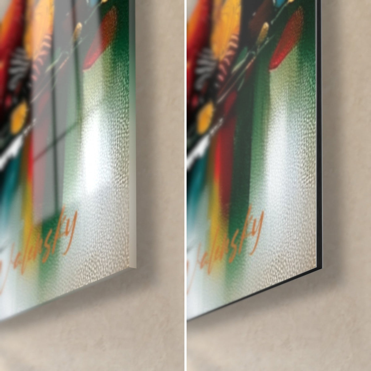 Tableau cité abstraite en couleurs vives, coin bas droit : verre acrylique brillant à reflets, alu Dibond mat, tranche de 3 mm