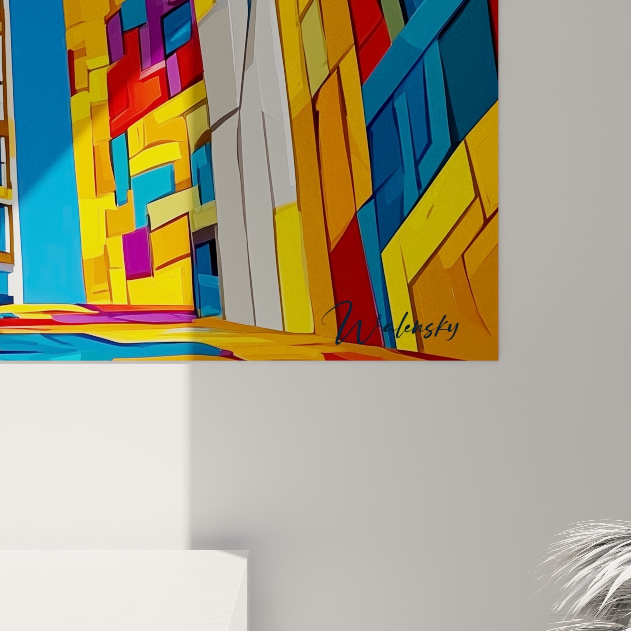 Empâtements colorés jaune et bleu marine visibles de près, matière peinte dense de ce tableau architecture abstrait