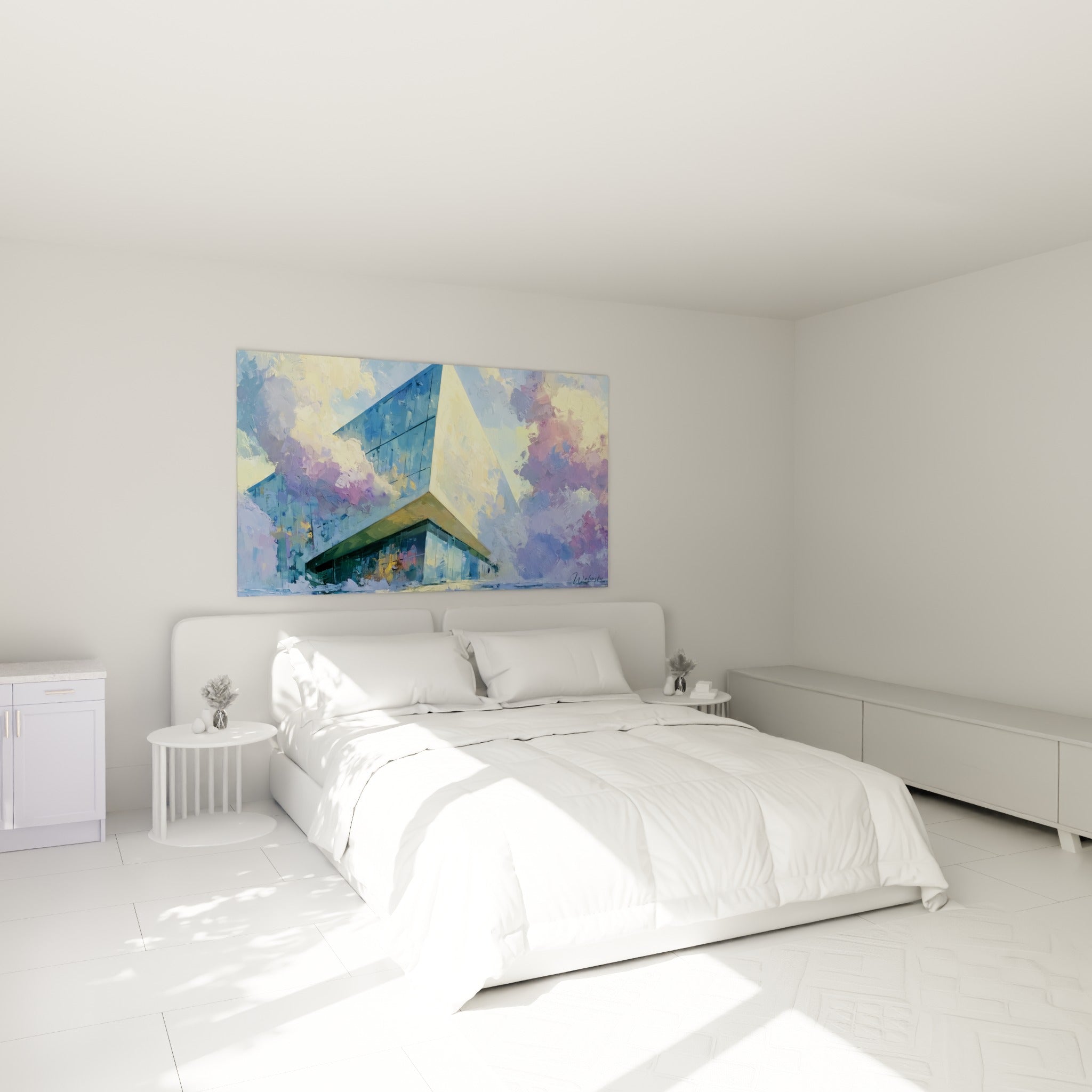 Structure géométrique bleue et dorée aux nuées mauves, architecture abstraite au-dessus d'un lit dans une chambre claire