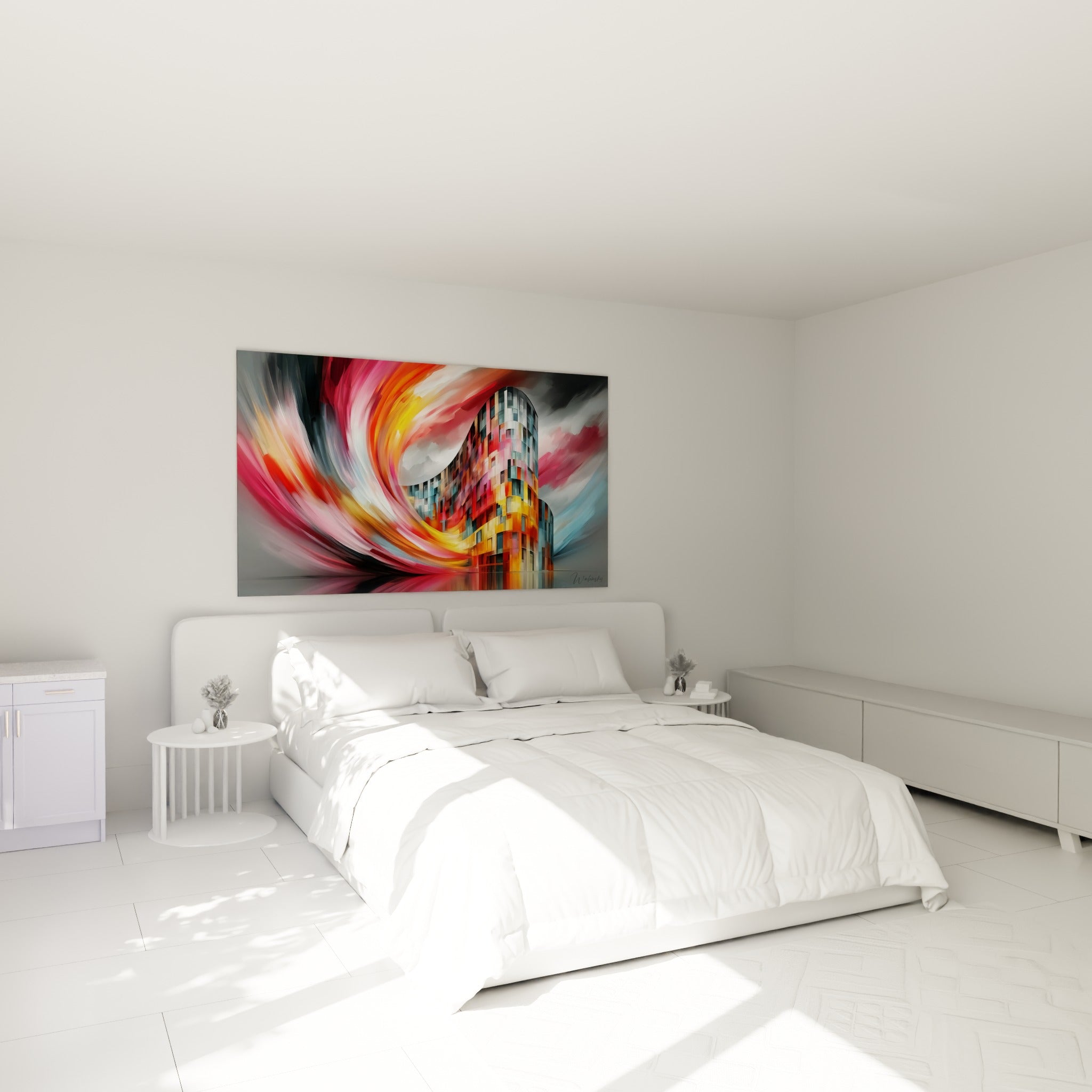 Tour architecturale fauve et bleu glacé dans un tourbillon pictural, au-dessus d'un lit dans une chambre claire