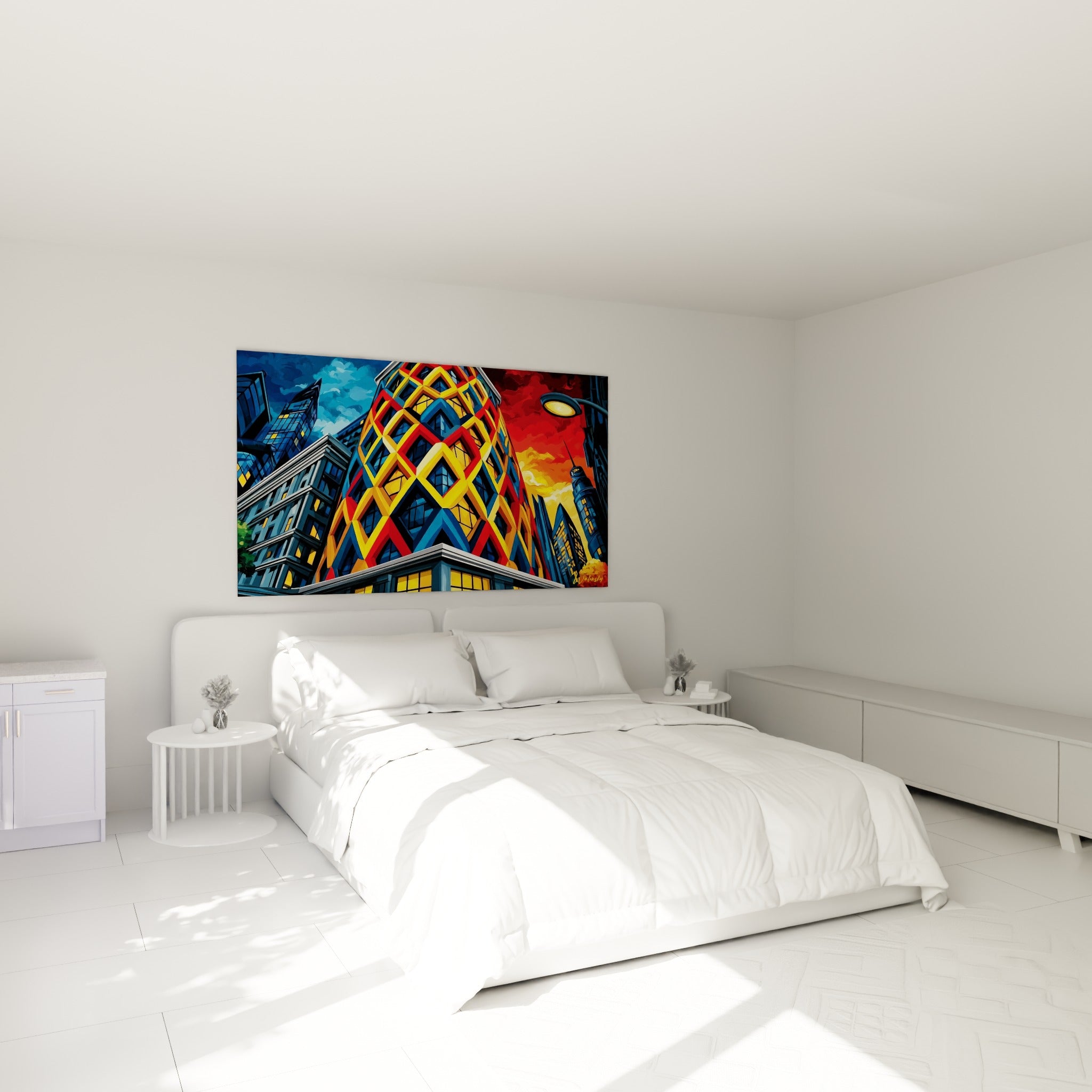 Tour géométrique aux teintes bleu marine et jaune vif, tableau architecture abstraite au-dessus d'un lit dans une chambre claire