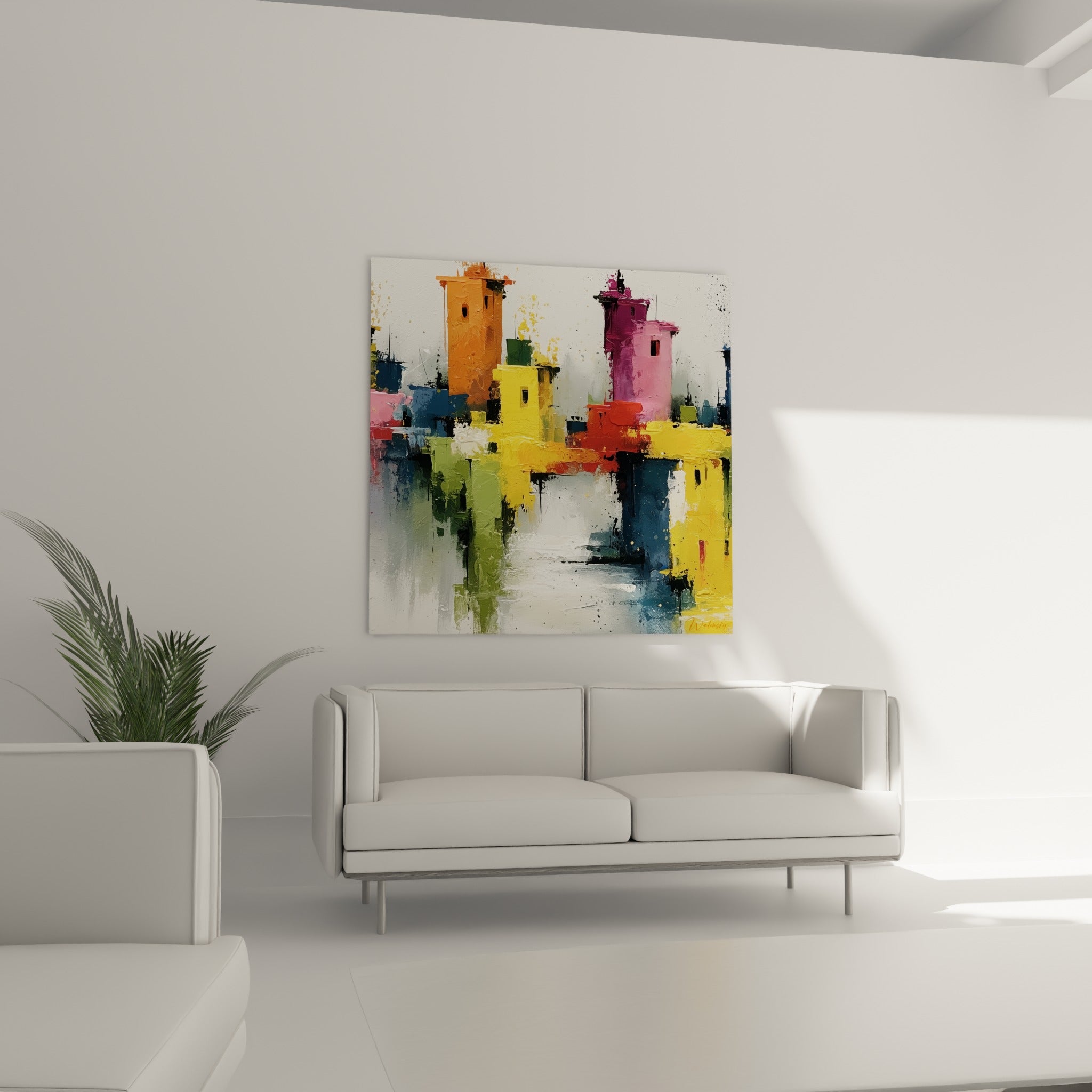 Tours colorées jaune et fuchsia, architecture abstraite au-dessus d'un canapé dans un salon lumineux