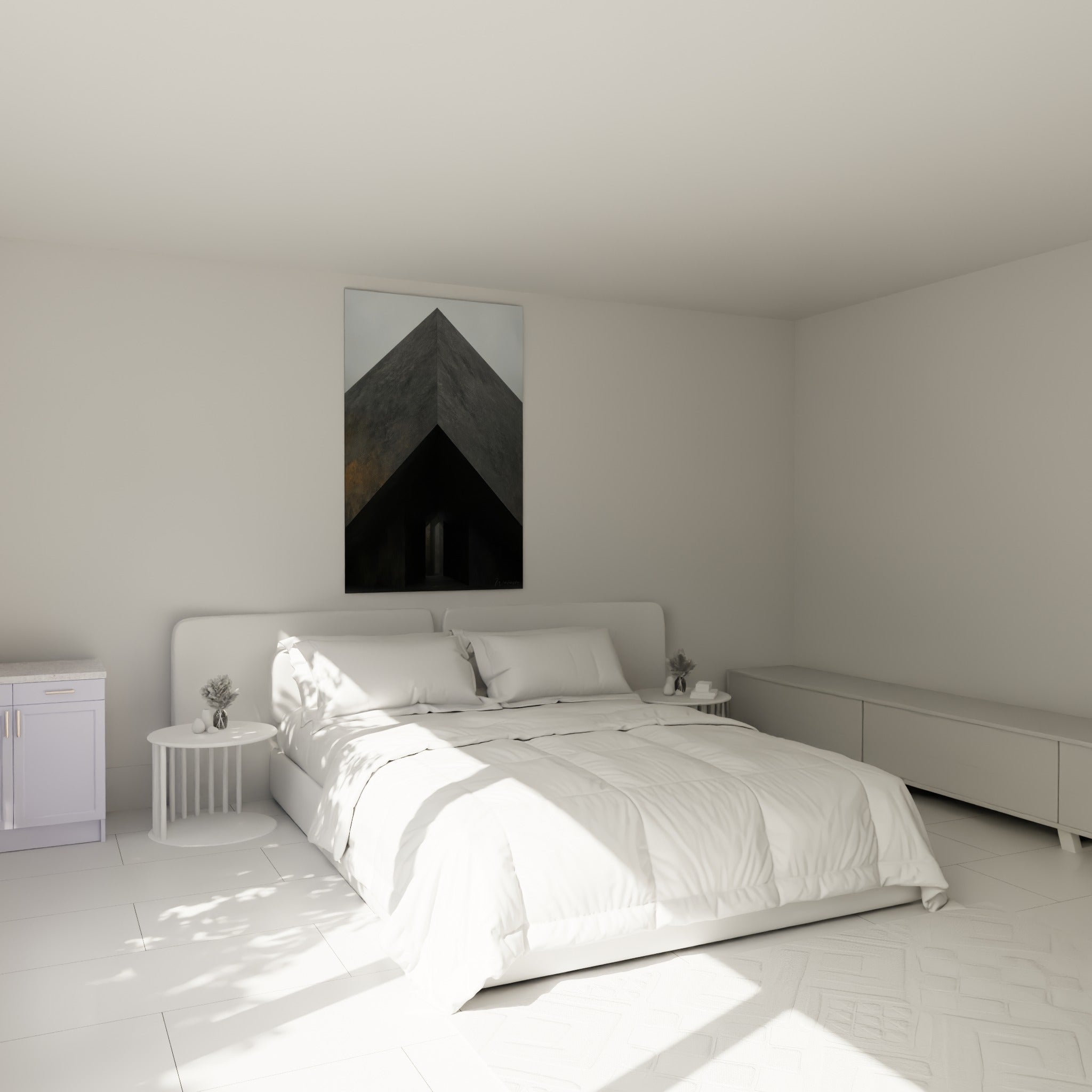 Silhouette anthracite et ocre de ce tableau architecture abstraite au-dessus d'un lit dans une chambre claire