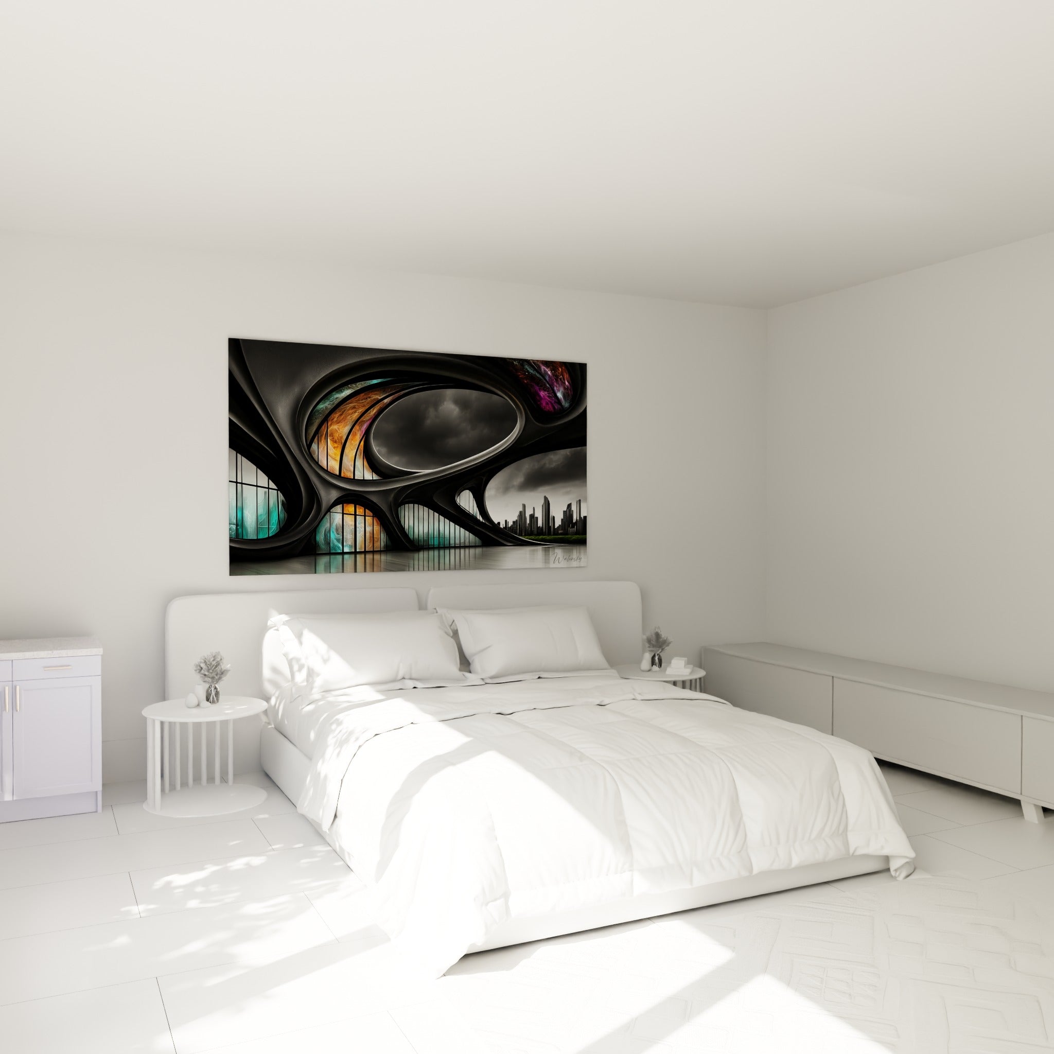 Formes courbes anthracite et violettes de l'architecture abstraite, au-dessus d'un lit dans une chambre claire