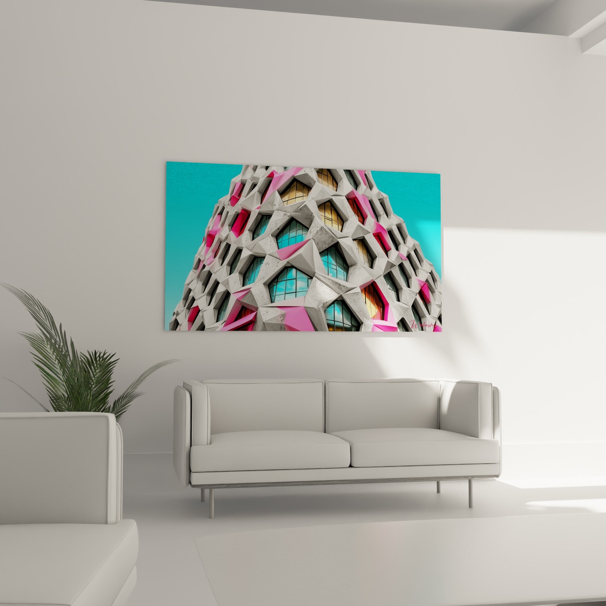 Structure alvéolée turquoise et dorée, tableau architecture au-dessus d'un canapé dans un salon lumineux