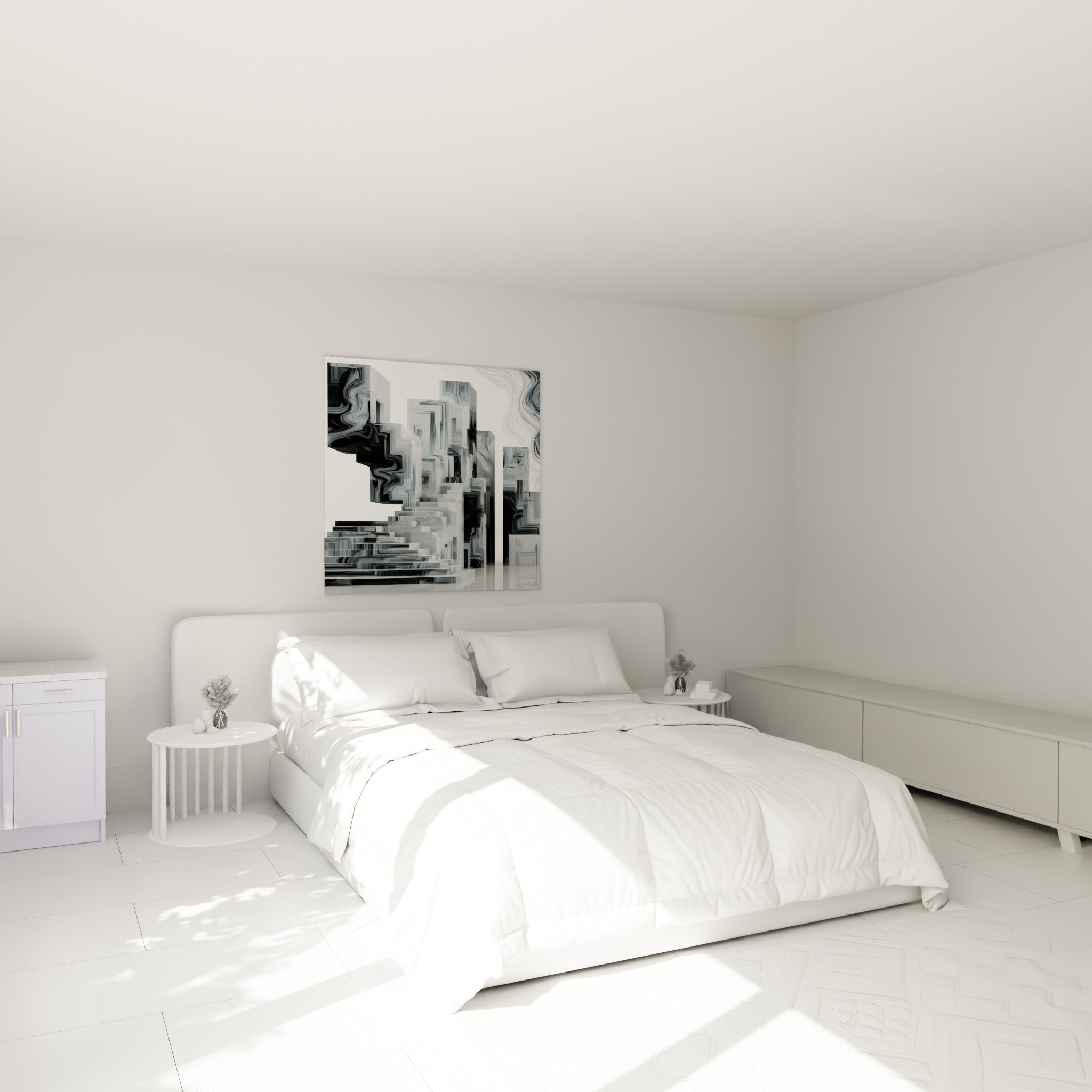 Volumes urbains anthracite et blanc marbré déployés au-dessus d'un lit dans une chambre claire