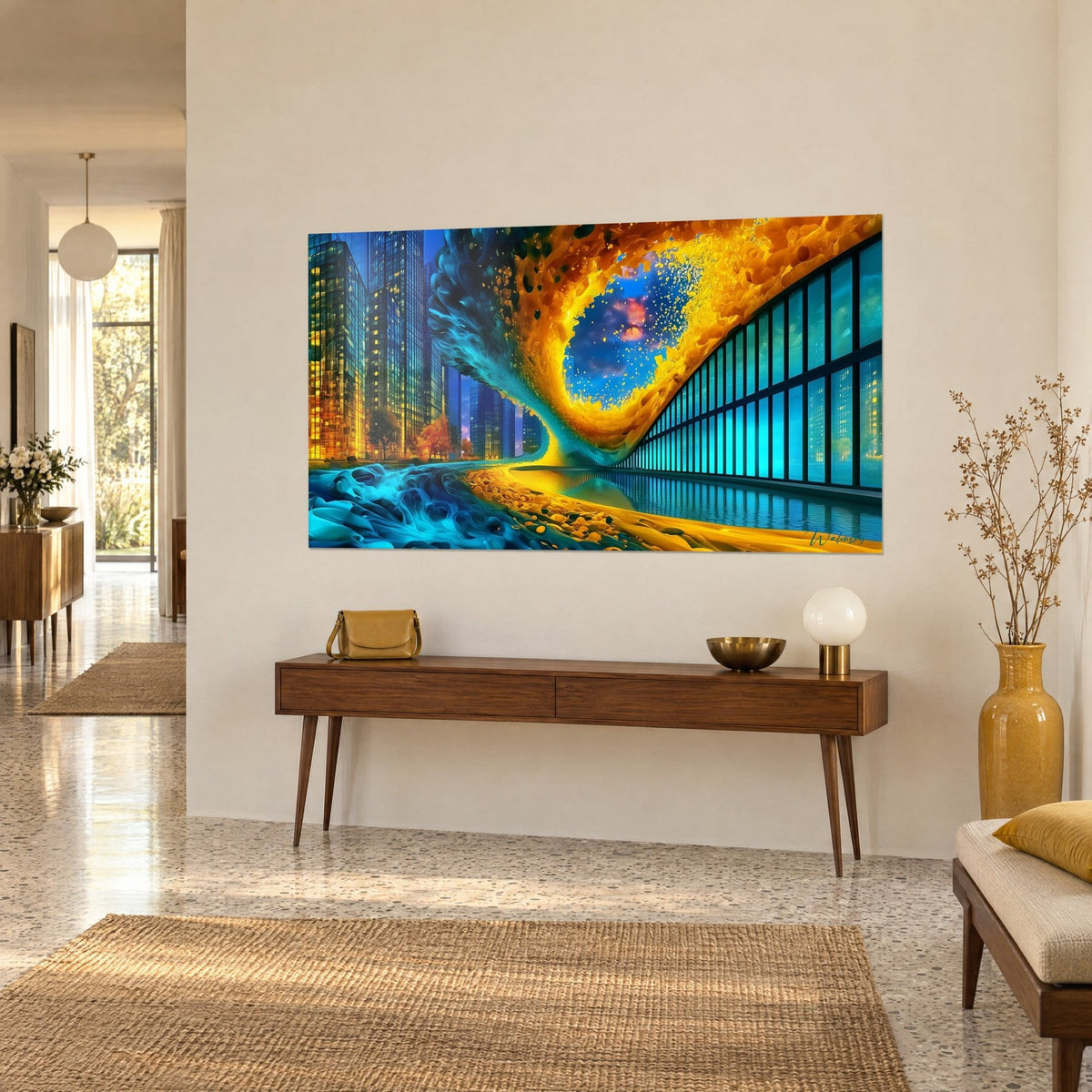 Tableau cité futuriste traversée par un tunnel de vague ambre et cyan, façade vitrée incurvée, sur un mur beige au-dessus d'une console