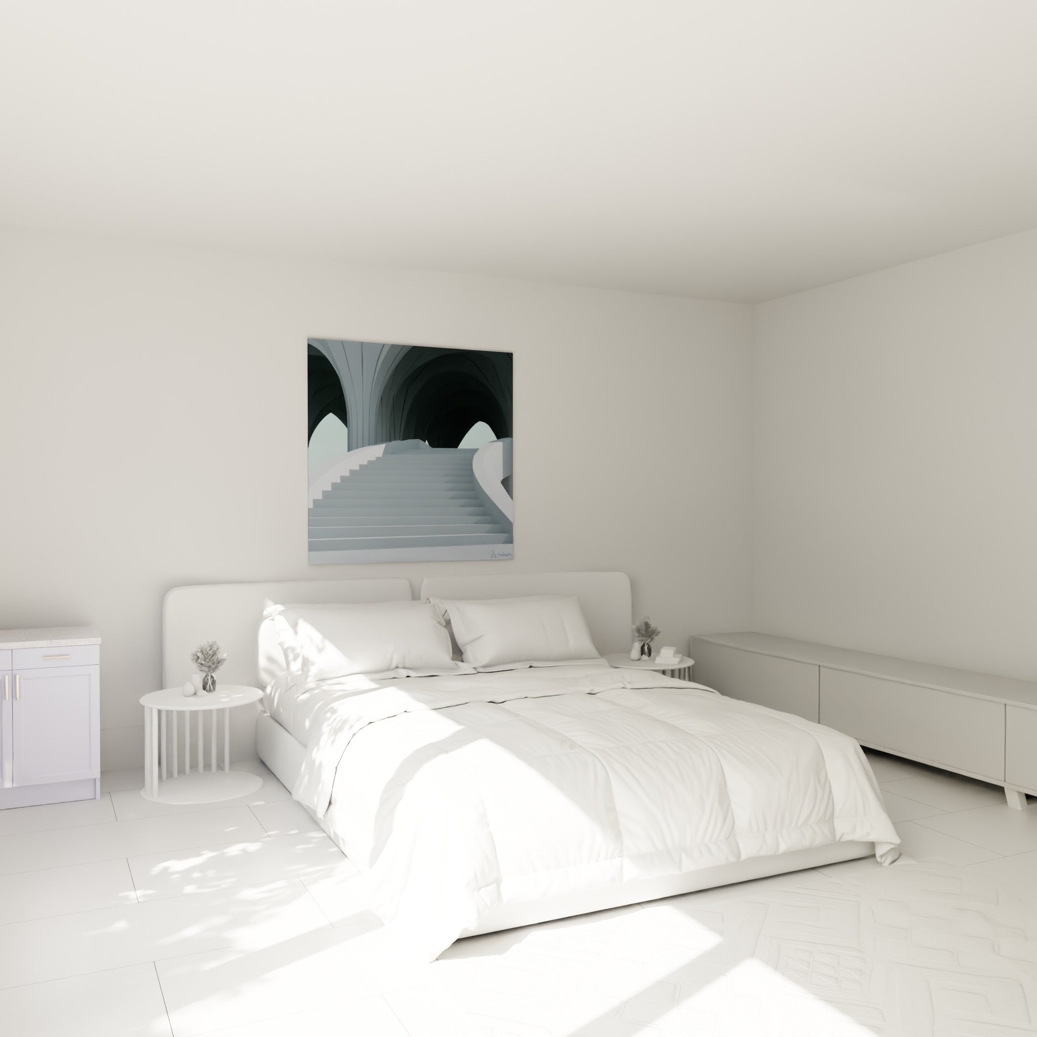 Voûtes anthracite et marches blanches d'une architecture abstraite, accrochées au-dessus d'un lit dans une chambre claire