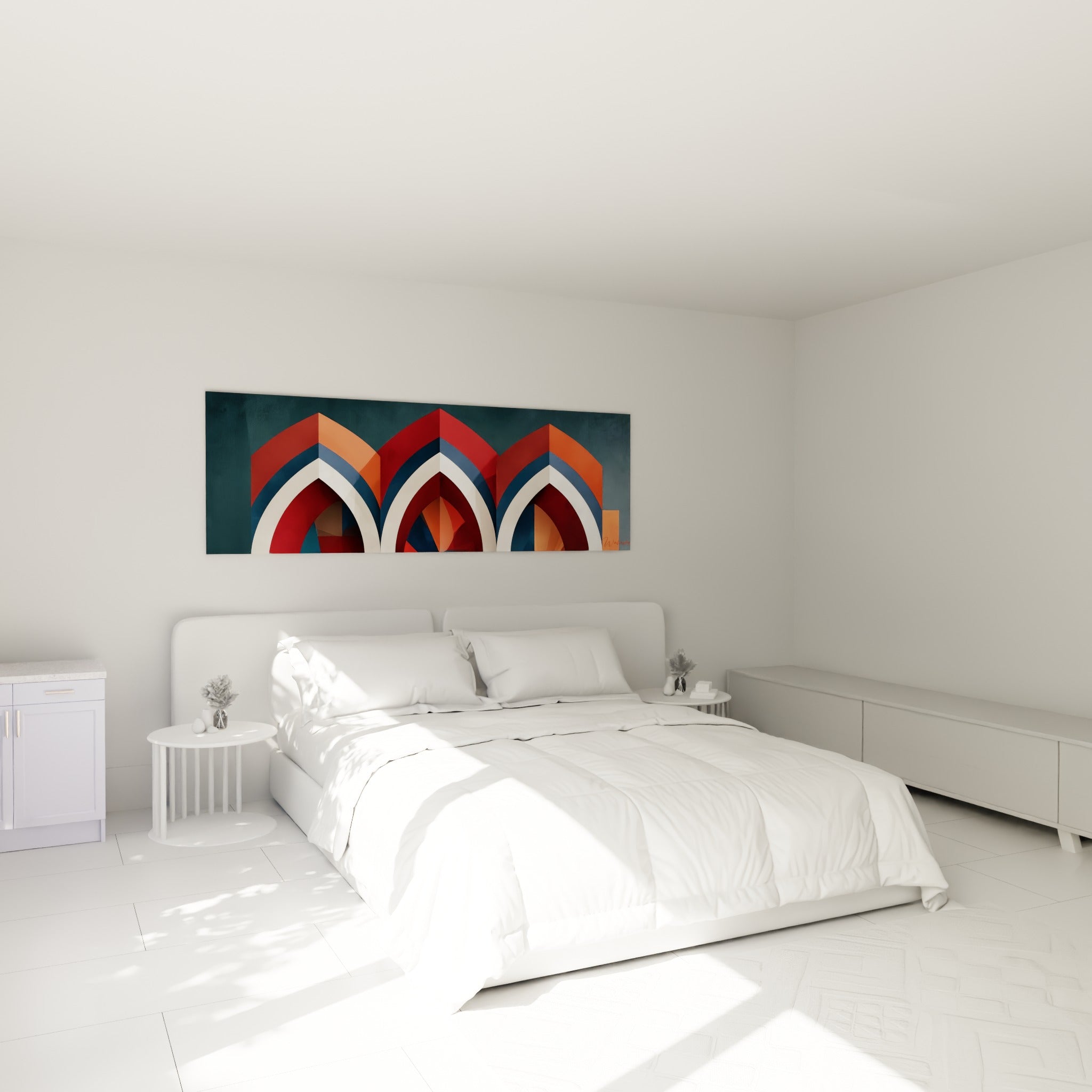 Arches gothiques orange et blanc ivoire disposées au-dessus d'un lit dans une chambre claire