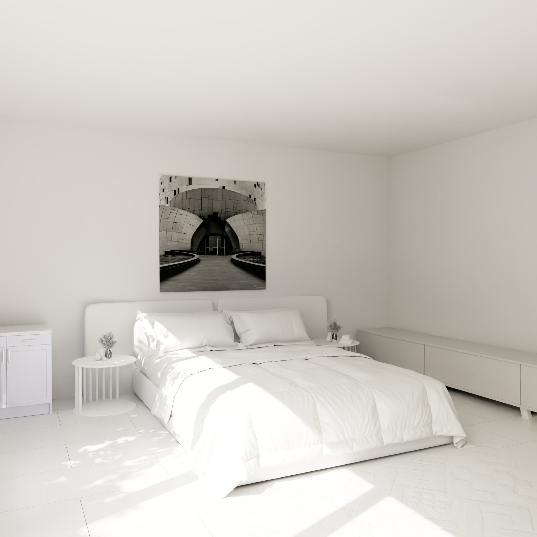 Édifice moderne anthracite et gris clair, arche imposante au-dessus d'un lit dans une chambre claire