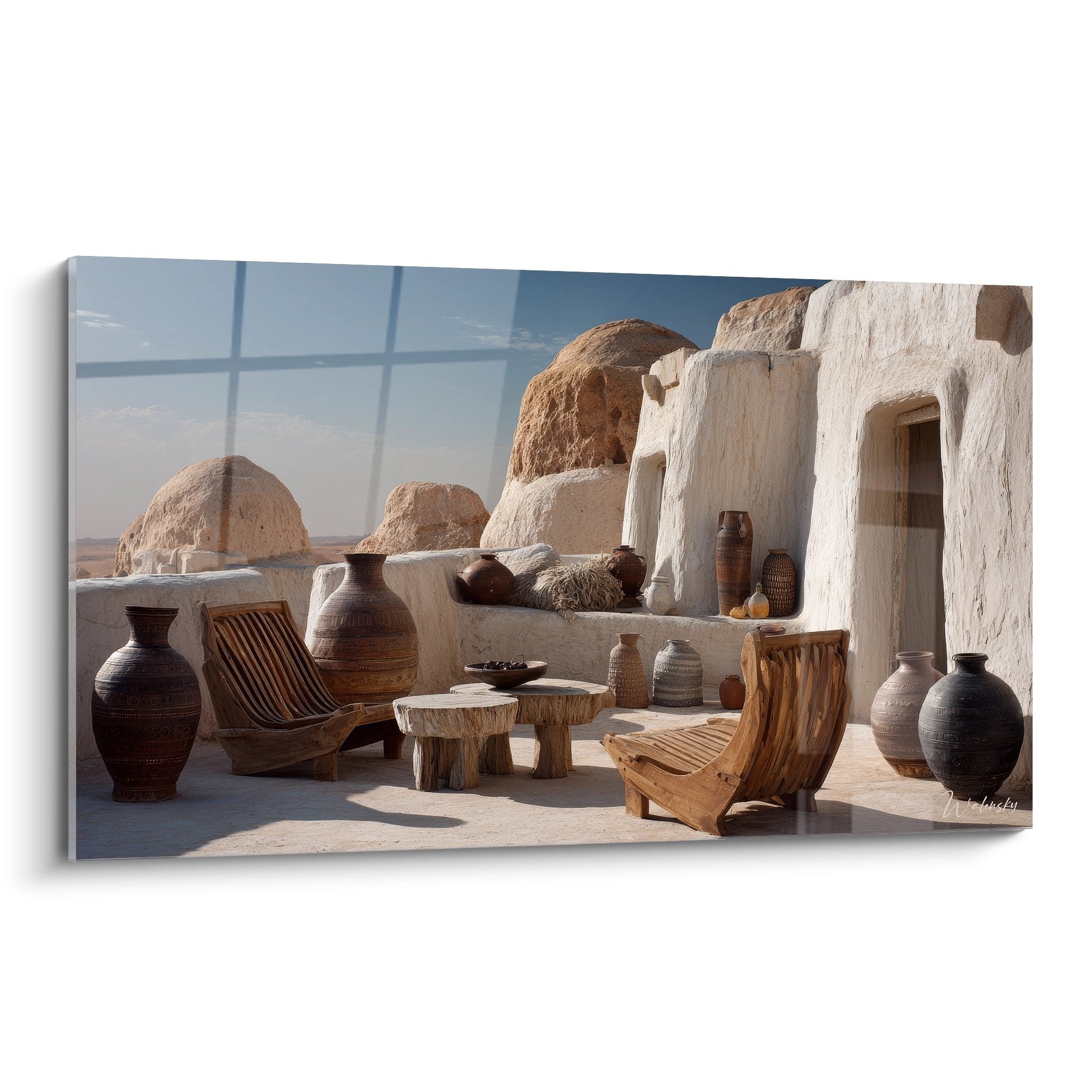 Tableau mural architecture berbère terrasse traditionnelle poteries artisanales tunisiennes