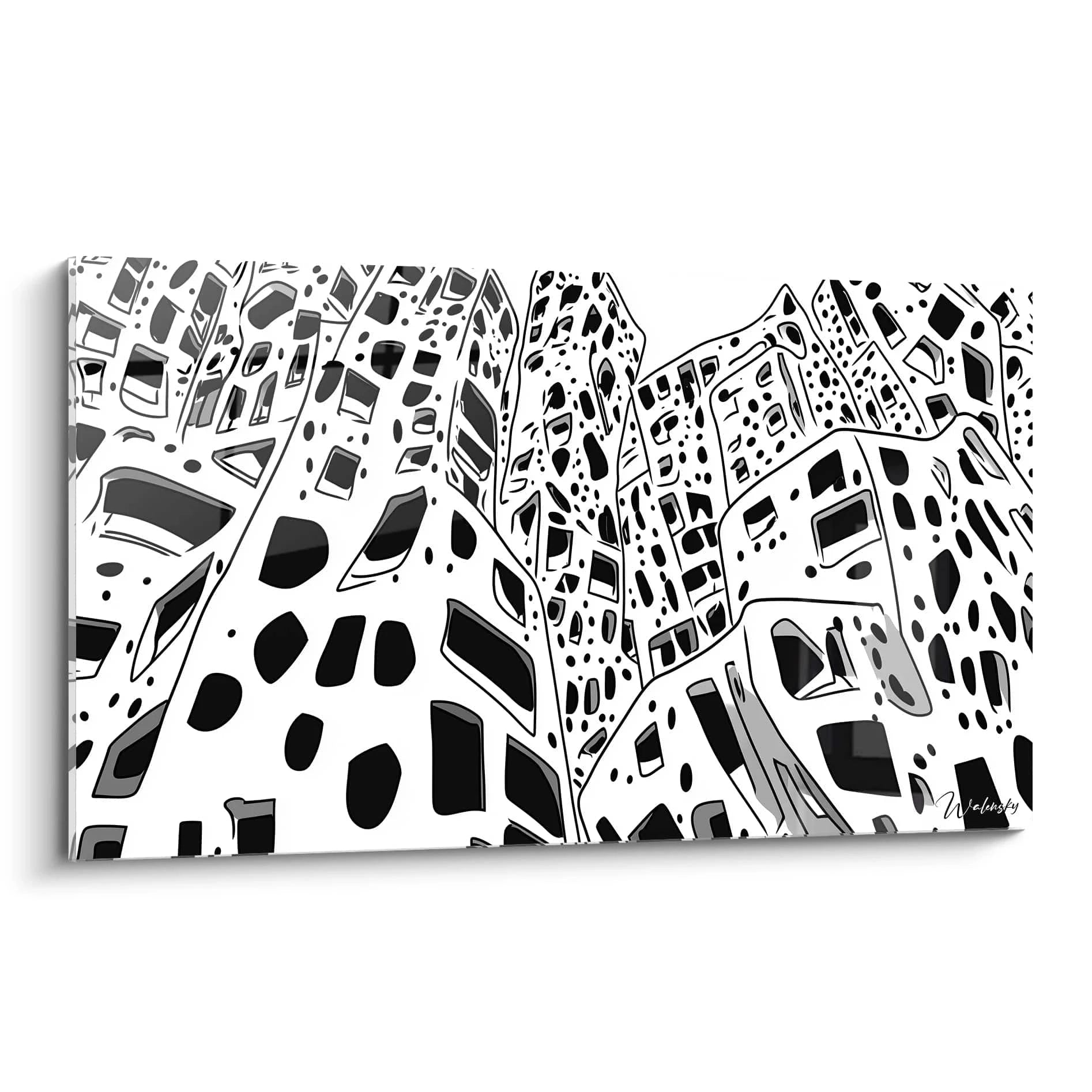 Tableau tacheté noir et blanc de Walensky représentant des bâtiments abstraits
