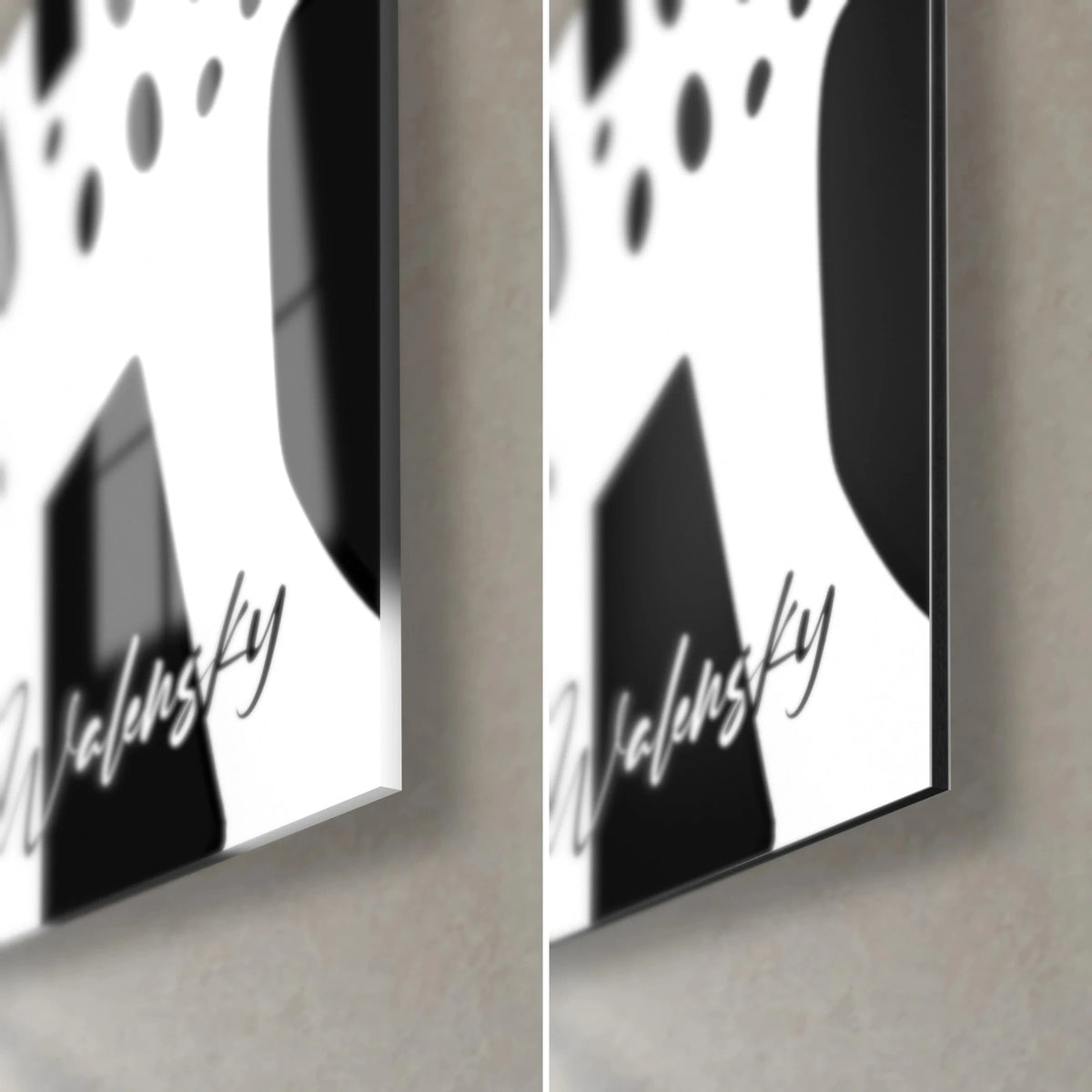 Wall art of towers speckled in black and white, bottom right corner: glossy glass with reflections on the left, matte Dibond on the right, 3 mm edge