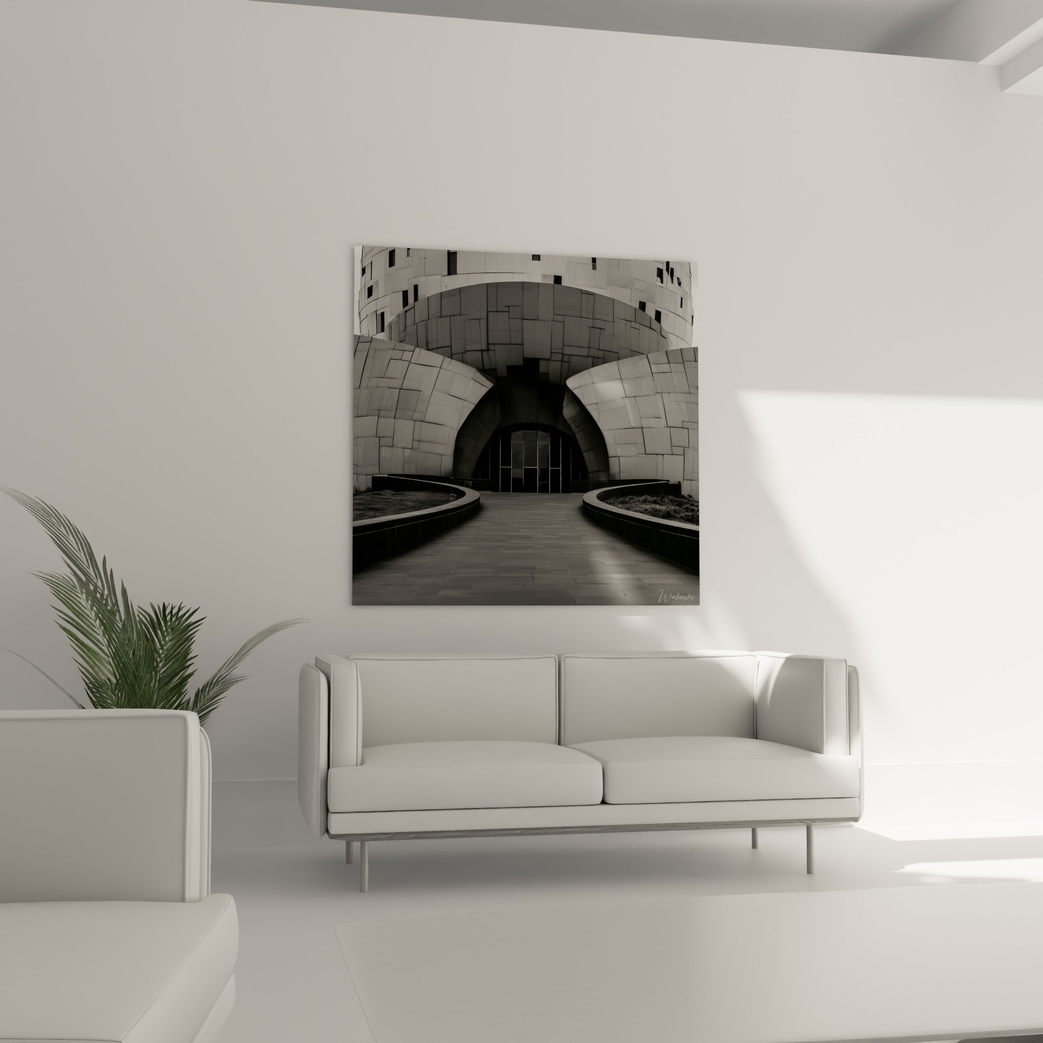 Structure architecturale noire et grise, entrée voûtée au-dessus d'un canapé dans un salon lumineux