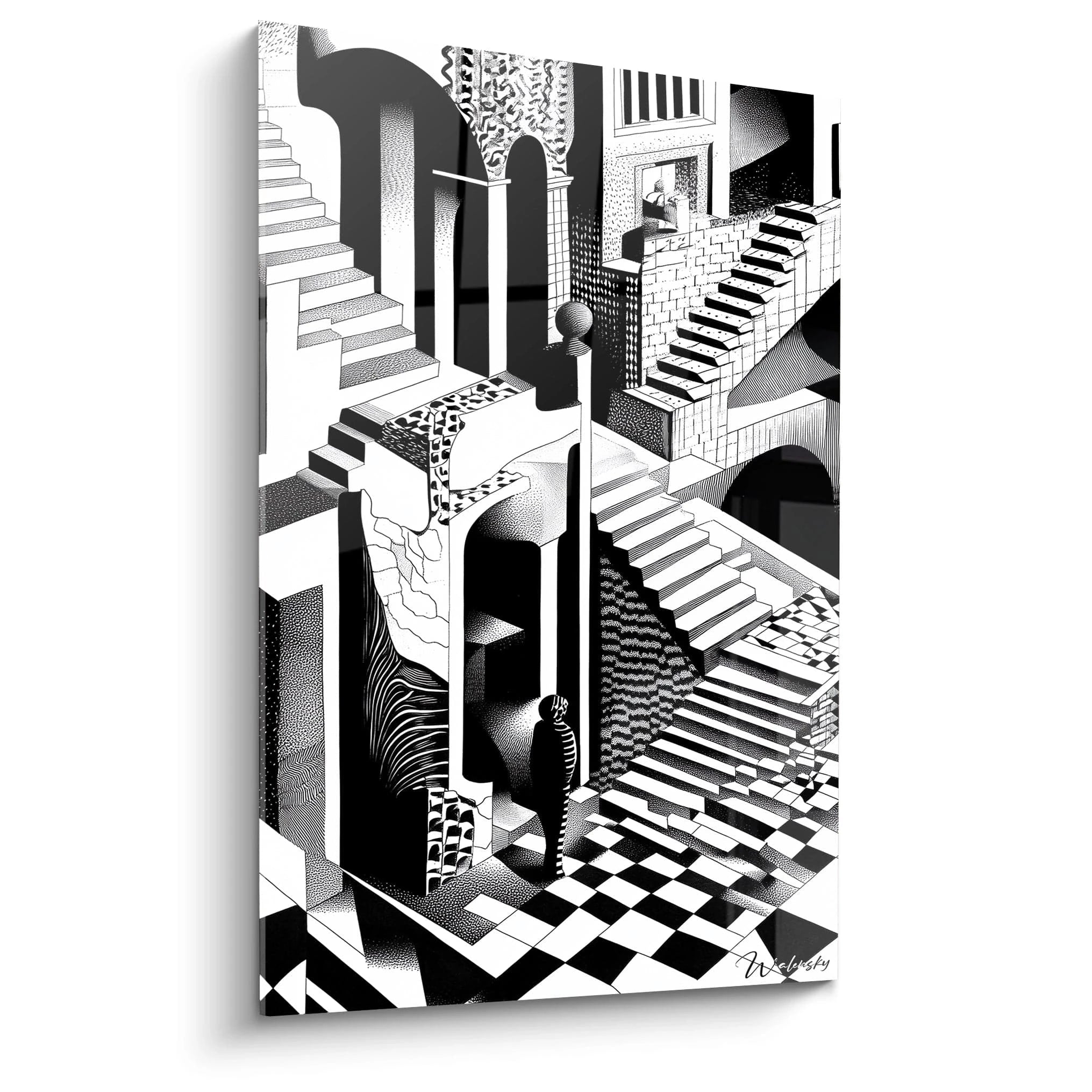 Tableau trompe l’œil en noir et blanc avec escaliers impossibles et architecture surréaliste de Walensky
